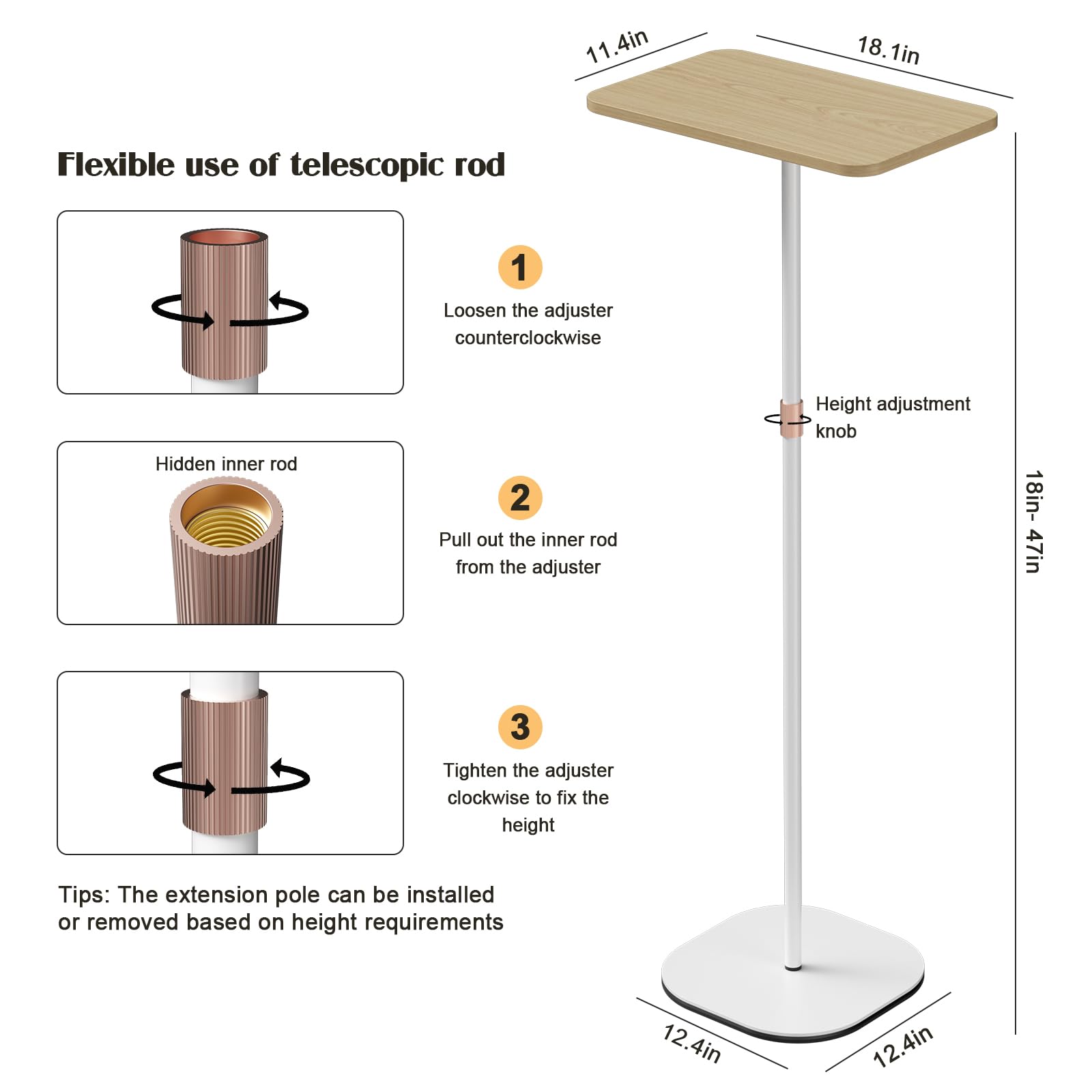 Beamer Ständer, Tragbarer Laptop-Bodenständer, Multifunktionaler Bodenständer Verstellbar Höhe von 47cm bis 120cm, Bett-/Sofatisch, Perfekt für Laptop/Projektor/Kamera/Buch, Einfache Montage (Weiß)