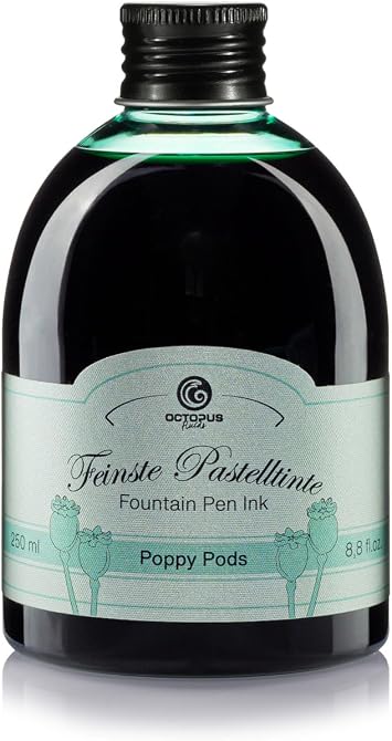 Fountain Pen Ink Pastel Green Poppy Pods, Calligraphy Ink, Writing Ink for Glass nibs in Practical 250 ml Refill Bottle