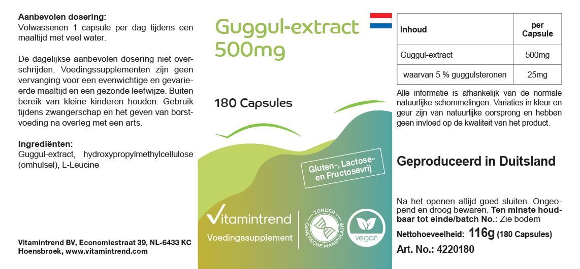 Vitamintrend Extrait de Guggul 500 mg, 180 gélules, 5% de guggulstérones, hautement dosé, végétalien sans stéarate de magnésium, fabriqué en Allemagne