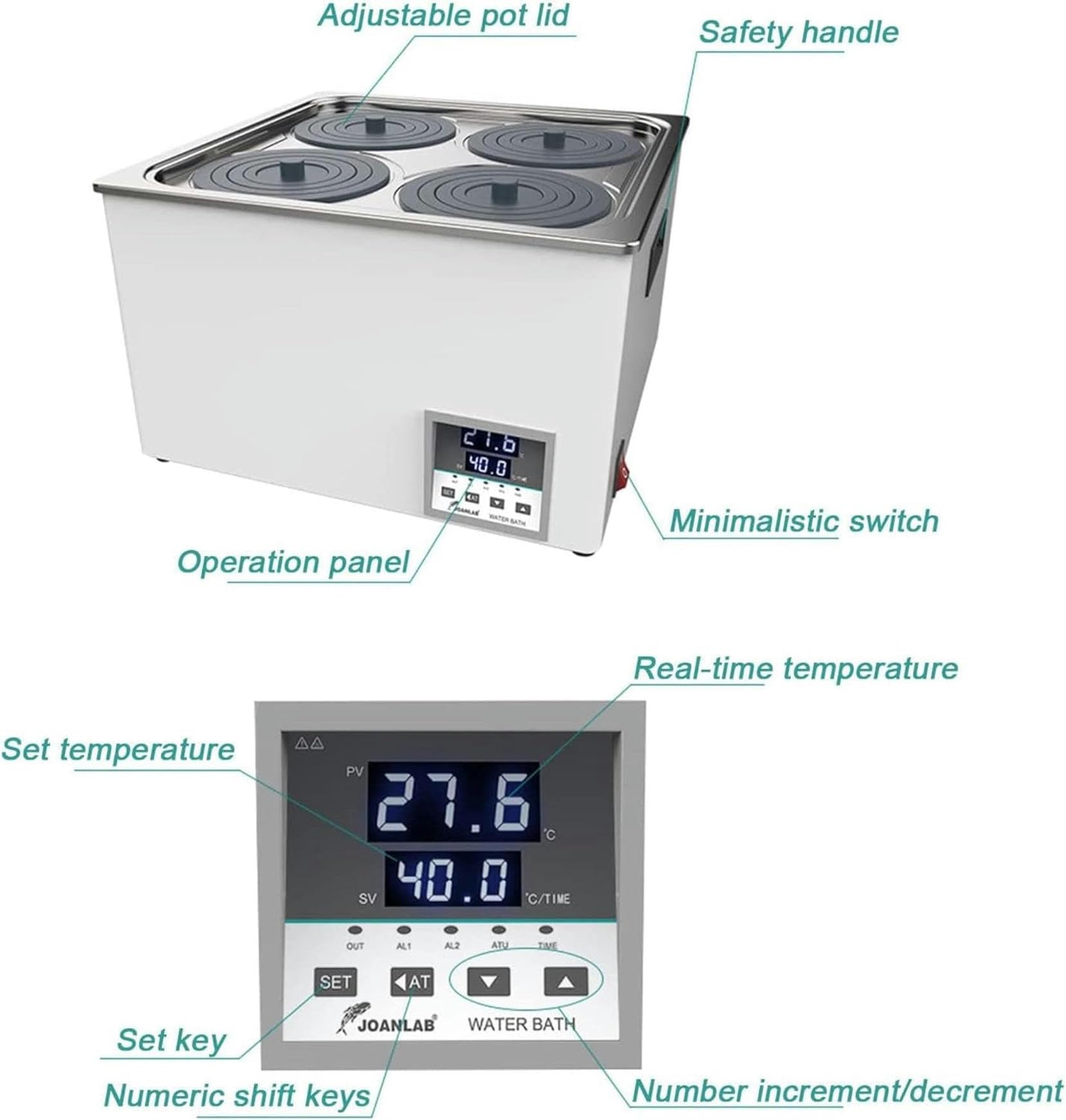 Baño María termostático Digital de Laboratorio de Doble Orificio, RT 5–99,9 °C, Tanque Interior de Acero Inoxidable Calefacción eléctrica Baño María termostático poroso, 0–999 Minutos Temporizador