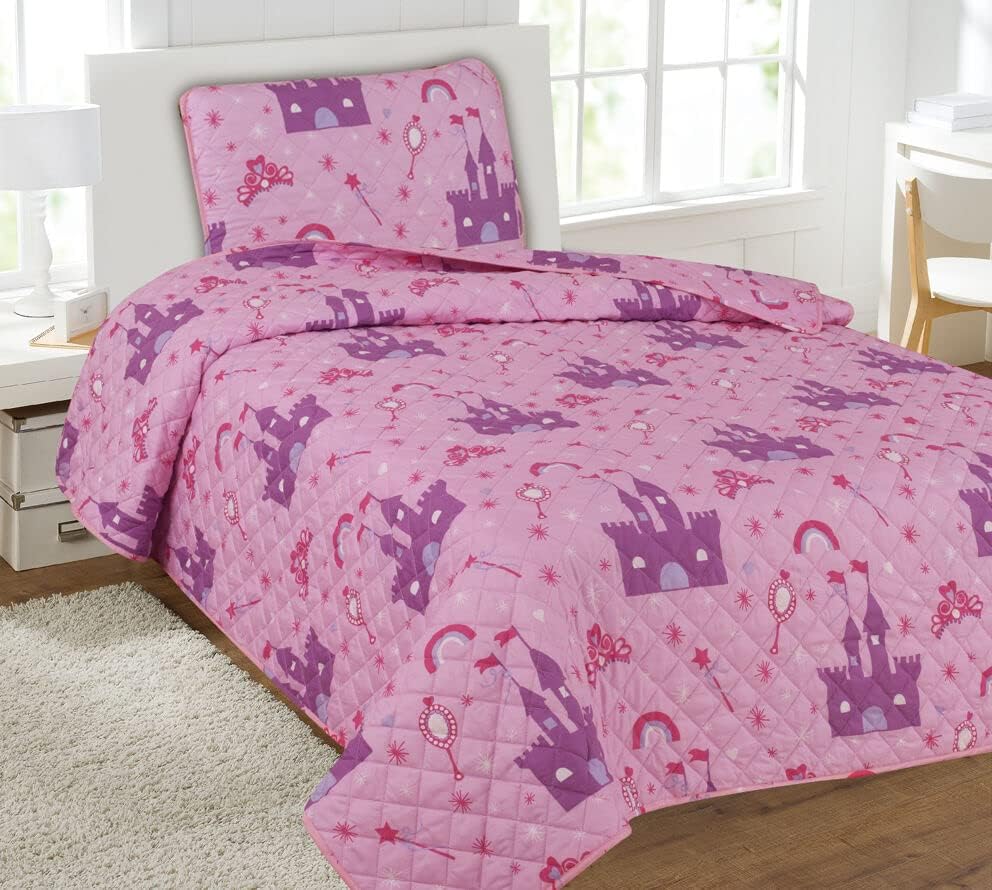 Twin Size Kids Bedding Quilt - Boys & Girls Printed Covers (Princess Palace)