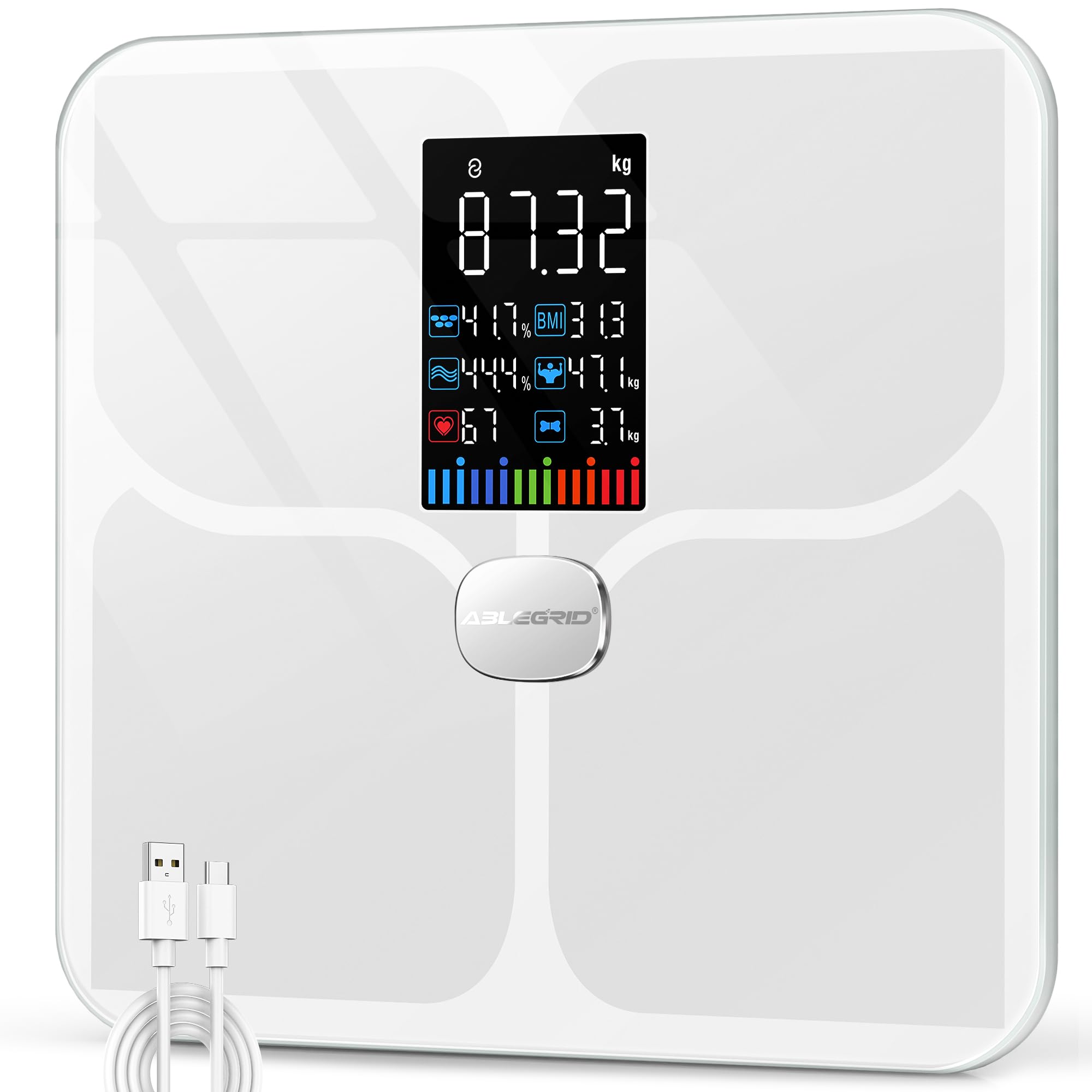 ABLEGRID Wiederaufladbar Körperfettwaage, LED Personenwaage Digital Mit Körperfett Und Muskelmasse Körperfettanalyse, 16 Messungen Der Körperzusammensetzung BMI, Herzfrequenz, 180kg, Weiß