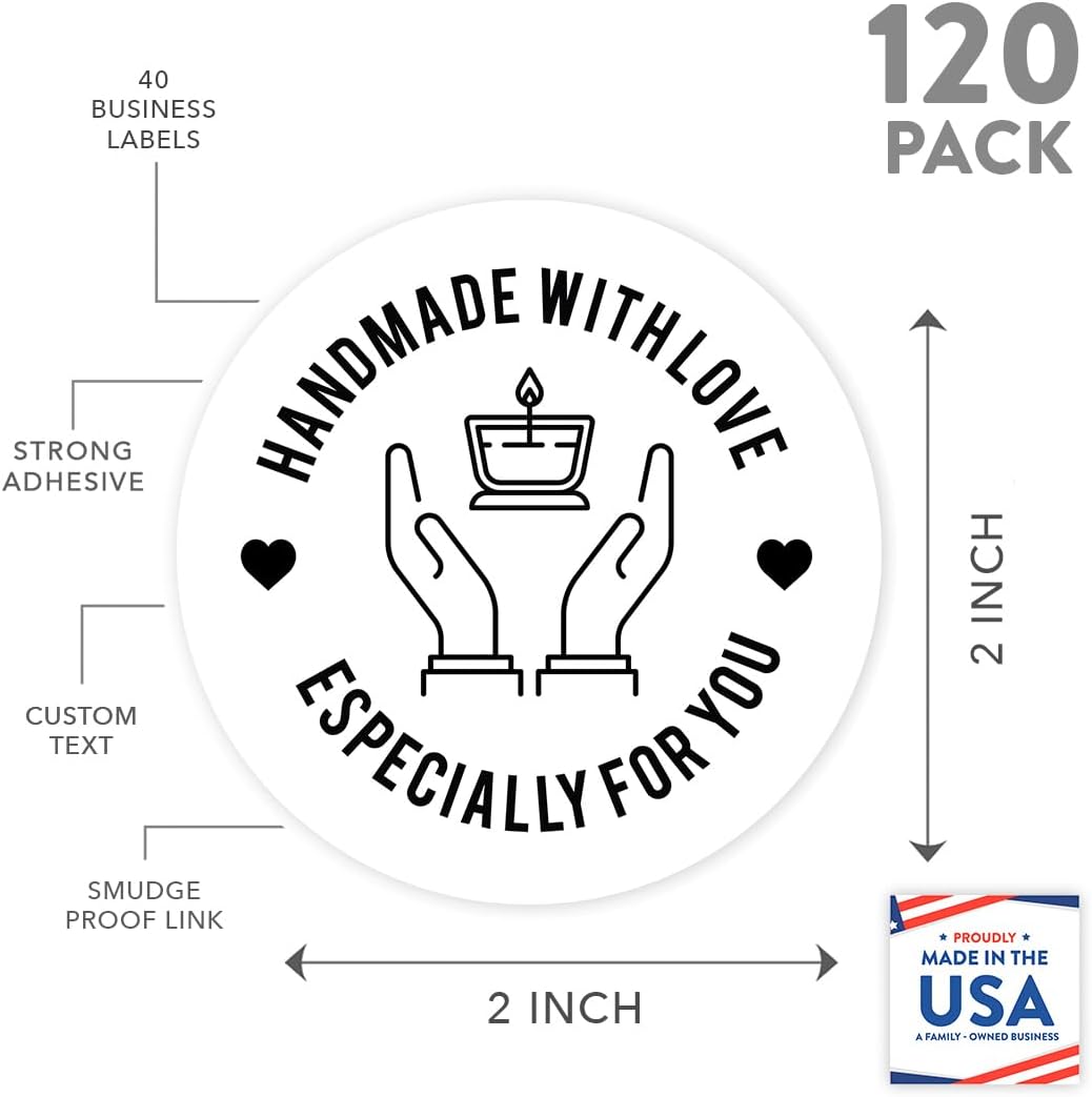 Andaz Press Round Small Business Sticker Labels, 120-Pack, Candle Handmade with Love, Especially for You, Candle Making Handmade Stickers for Packaging, Product Labels for Small Business