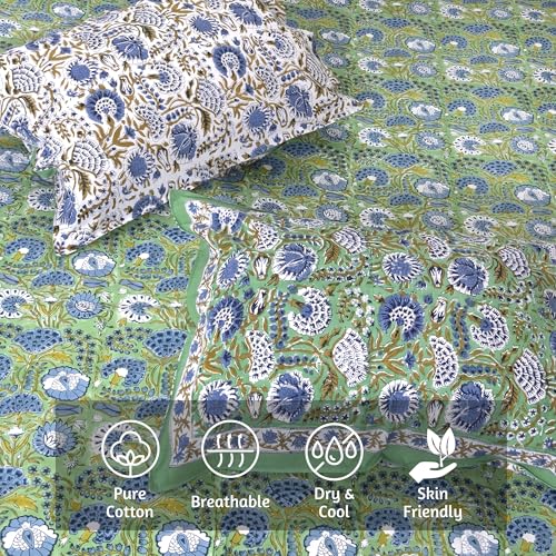 Image of TOAI Bedsheet for Double Bed King Size 108 inch x 108 inch |100% Pure Cotton 210TC | Hand Block Printed Jaipuri Bedsheet | 2 Reversible Pillow Covers 18 inchx27 inch |Blue Green Florals