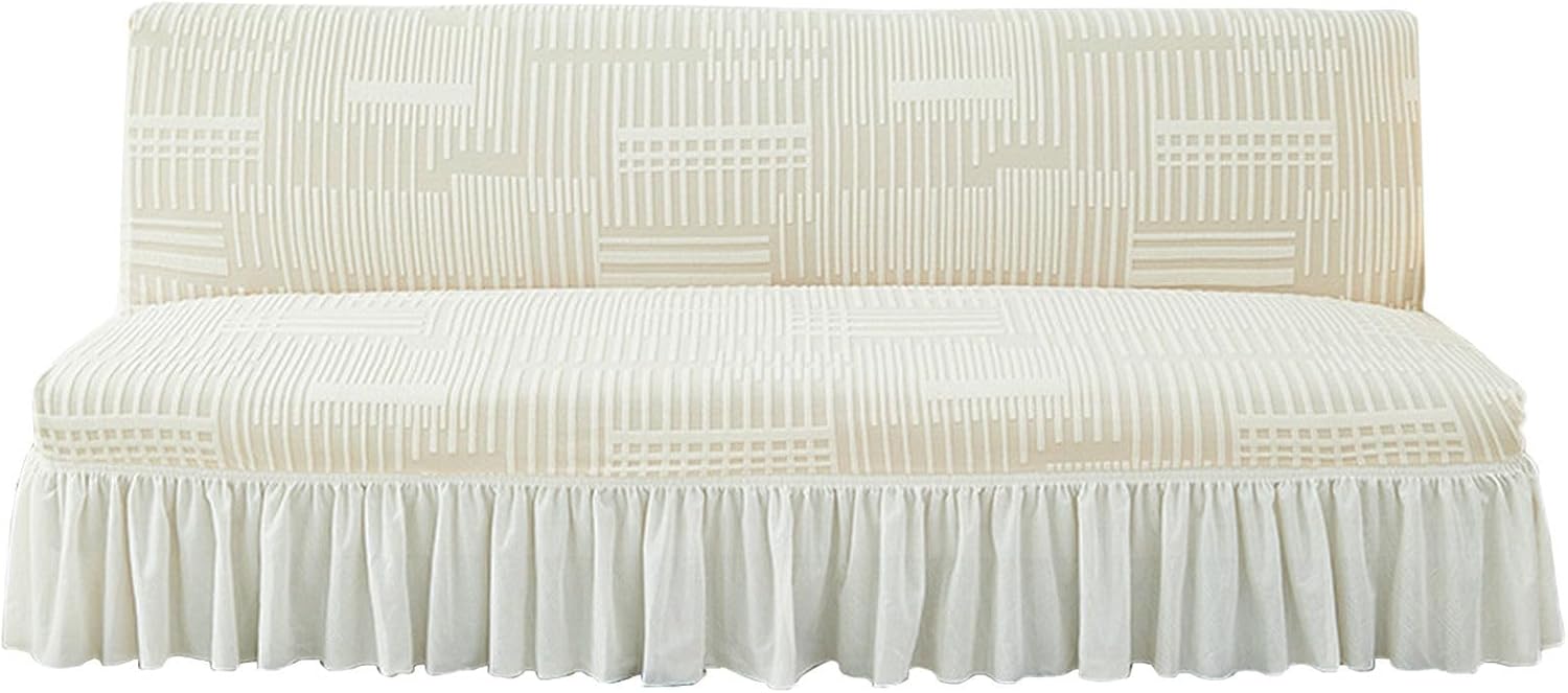Stretch Futon Cover, Thick Futon Slipcover with Skirt Removable Armless Sofa Cover Folding Armless Sofa Bed Cover Washable-Pink-Small