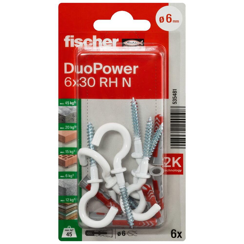 Fischer DuoPower Nylondübel mit Rundhaken, 6 x 30 mm, 6 Stück