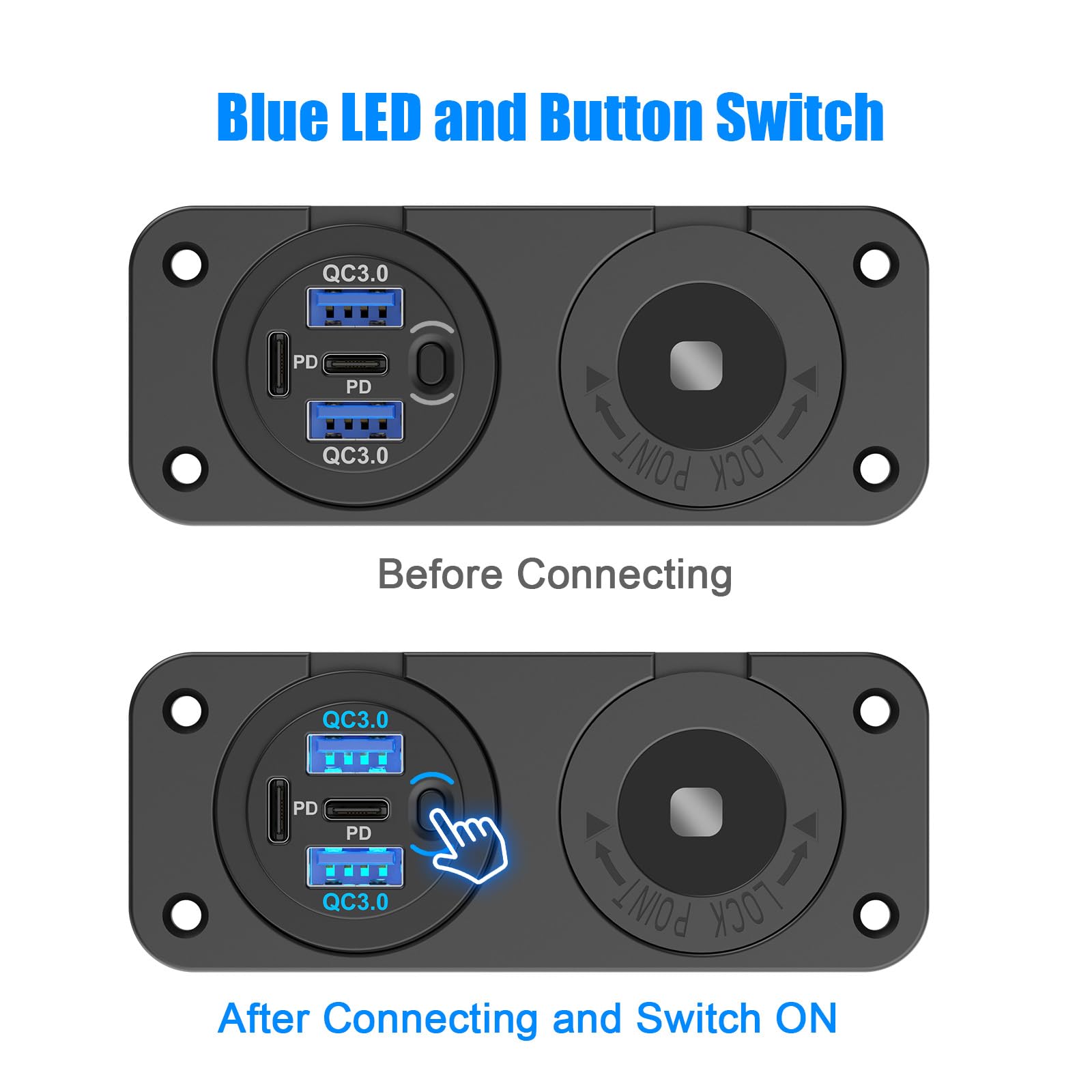4 Poort 12V USB-stopcontact Marine Switch Panel 12 Volt Plug, Dual PD30W en Dual QC18W USB-poorten auto-oplader met schakelaar, waterdichte 150W sigarettenaansteker Socket 2 in 1 DIY Kit