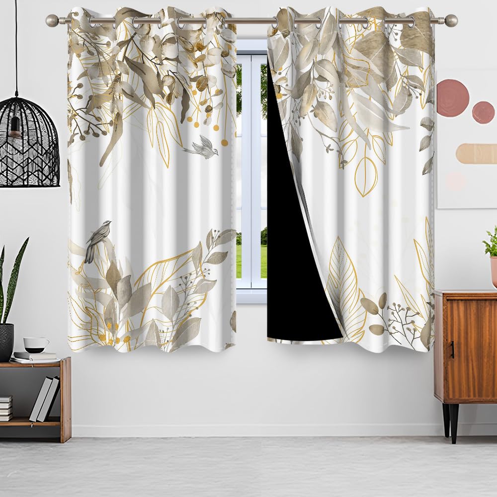 Gardinen Eukalyptus, Vorhänge Grau Blätter Blumenmuster Ösenvorhang Blickdicht Thermogardinen Fensterschal Verdunklungsvorhänge für Wohnzimmer Schlafzimmer Kinderzimmer, 2er Set, 135Bx215Hcm