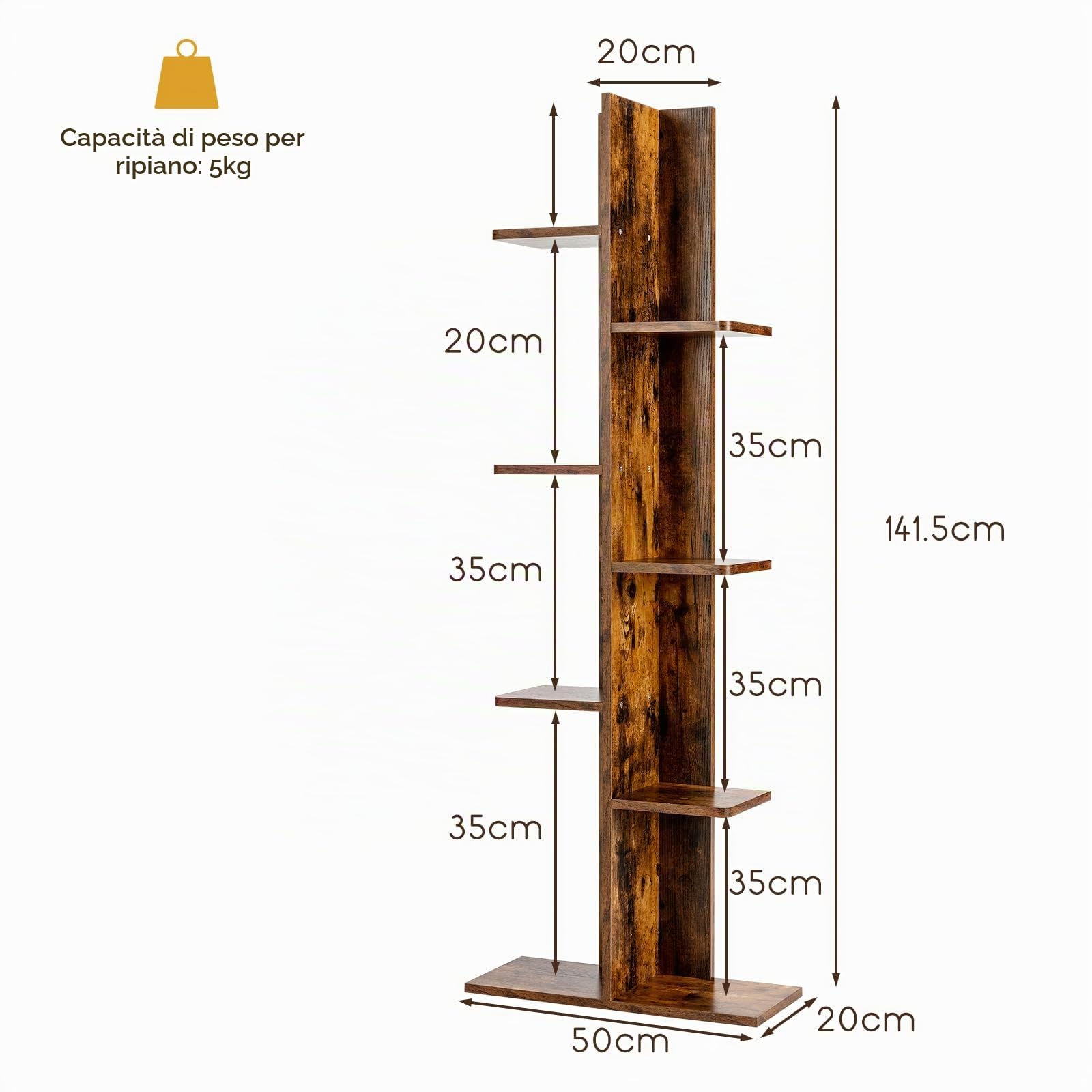 HOMASIS Libreria Verticale a Colonna da Terra a 7 Livelli, Libreria ad Albero in Legno, Angoliera Libreria Scaffale per Salotto, Soggiorno, Ufficio, Portata di 40 kg, 50 x 20 x 141 cm (Marrone)
