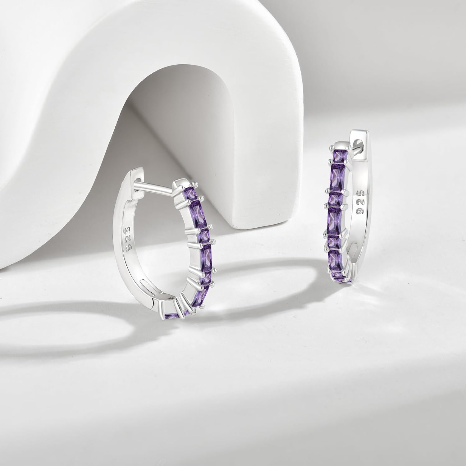 925 Sterling Silver Huggie Hoop Earrings for Women Emerald Cut Birthstones Jewelry Gift - Image 2