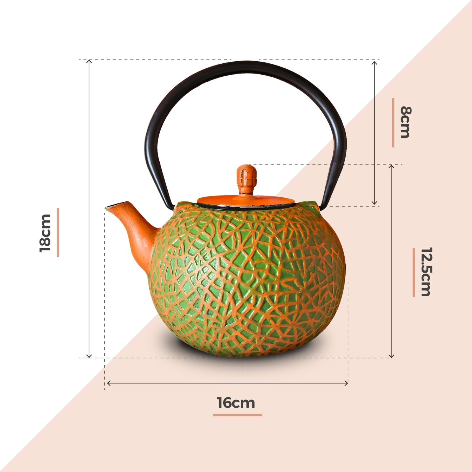 Théière Japonaise Tetsubin en Fonte avec intérieure en émail et infuseur - Orange et Vert 0,8L