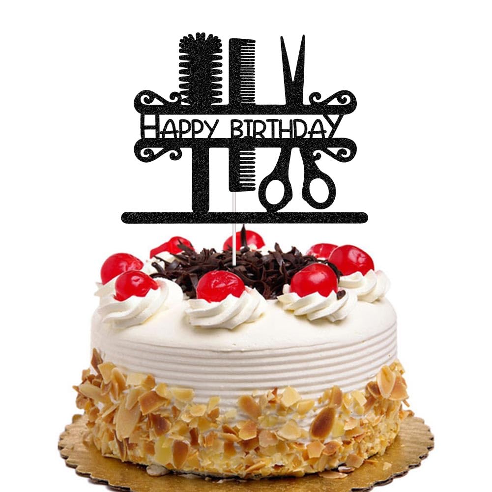 Hairstylist Happy Birthday Cake Topper - Barber Birthday Party Decor - Barbershop Hairdresser Party Decorations for Men Women Black Glitter