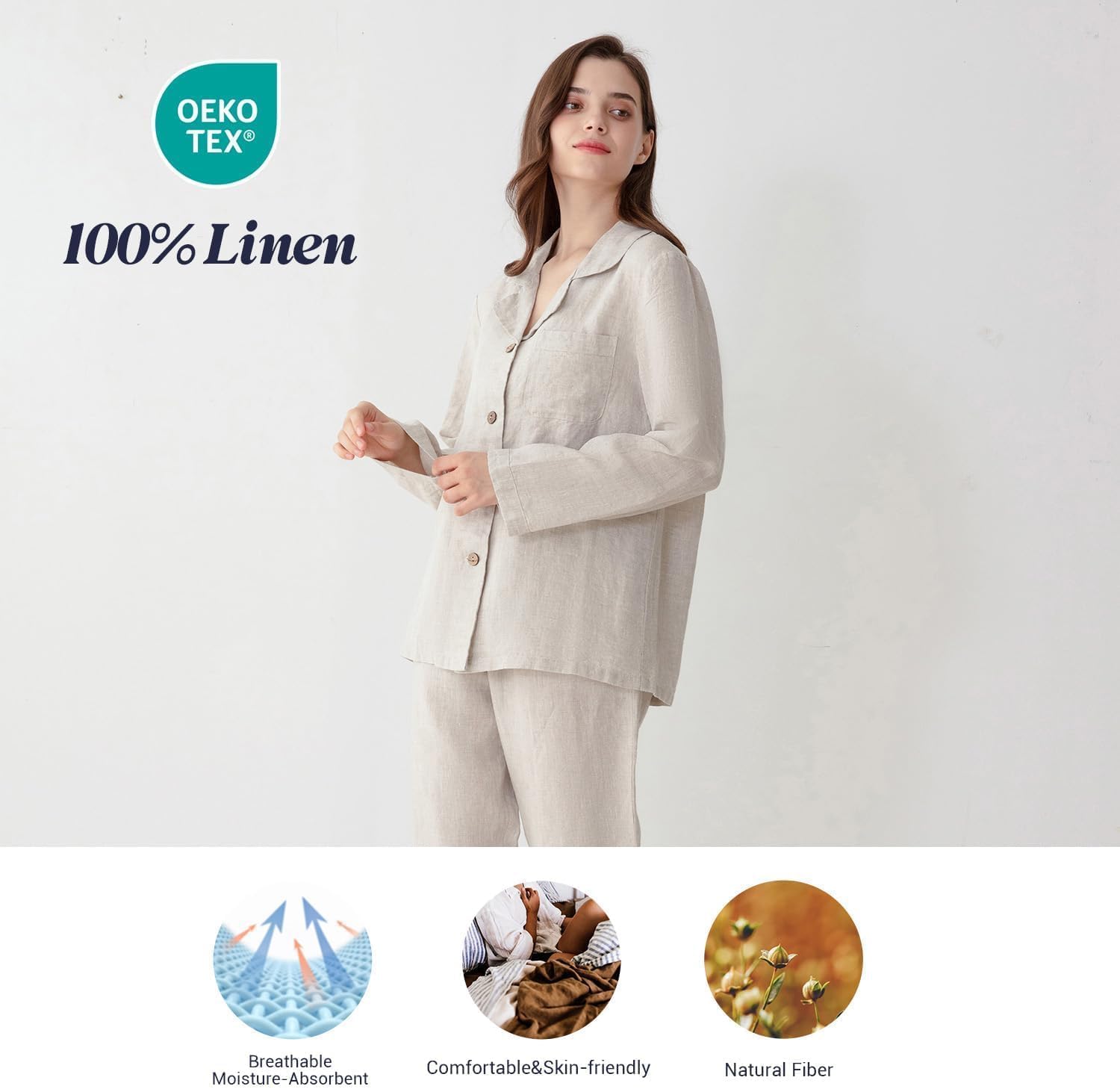 Simple&Opulence Women's 100% Linen Pajama Set Soft Shirt and Pants 2 Pieces Loungewear Slim Fit Soft and Breathable S-L - Image 4