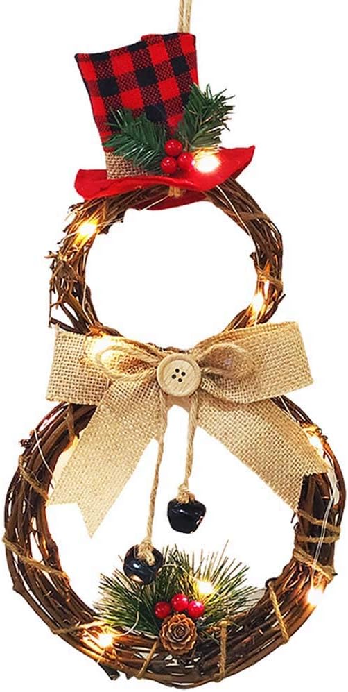 Christmas Wreath Garland Door Window Wall Hanging Ornament Decoration Rattan with Bow Pine Cones Red Berries and 10 Clear Lights