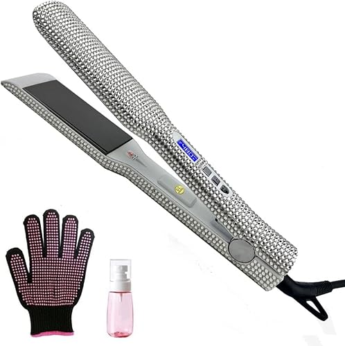 Plancha plana de titanio brillante con hermoso diamante de imitación de cristal, alisador y rizador de cabello 2 en 1, apagado automático de 60