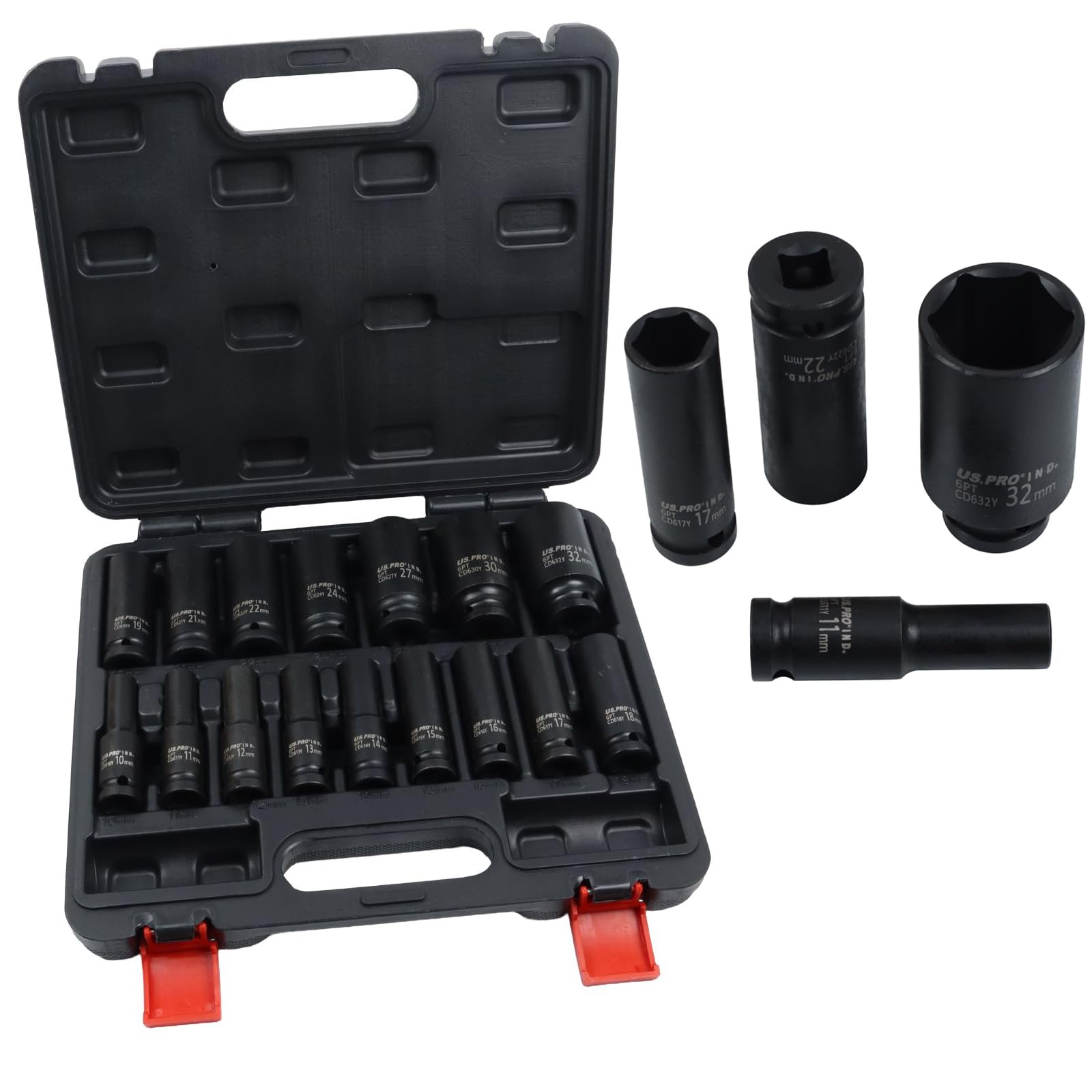 US PRO Juego de 16 llaves de vaso de impacto profundo de 6 puntos, estilo europeo, 10-32 mm