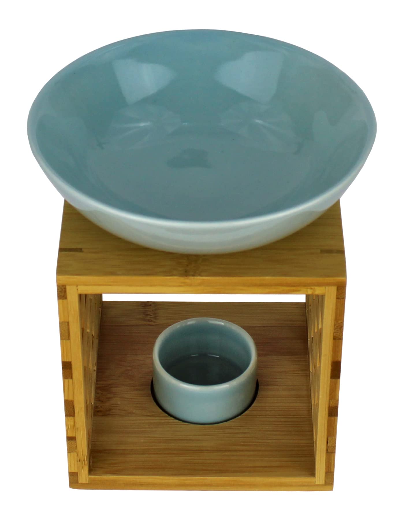 Bitto Duftlampe Riga Weißblau mit Kerze, große Schale, Fair Trade, Aromalampe aus Bambusholz und Keramik