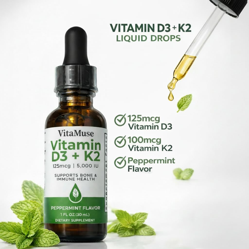 Vitamin D3 + K2 Drops, 5000 IU D3, 100 mcg K2 MK-7, Peppermint Flavor, Liquid Tincture with Organic Oils, Non-GMO, Gluten-Free, 1 fl oz