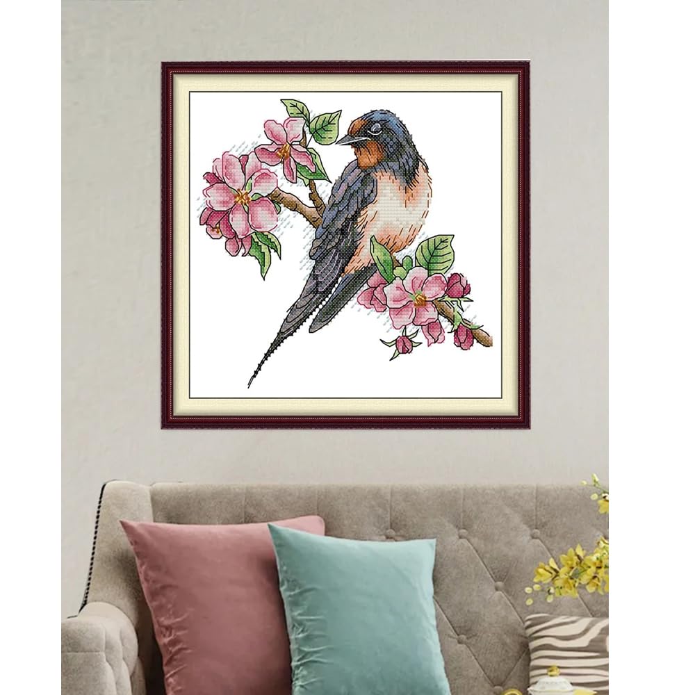 Peach Blossom Bird Painting Cross Stitch Kits for Adults, Blossom Bird Pattern Counted Pattern Needlepoint Kits Crafts Dimensions Cross-Stitch Stamped Kits Embroidery Arts Craft Kits for Wall Art Gift