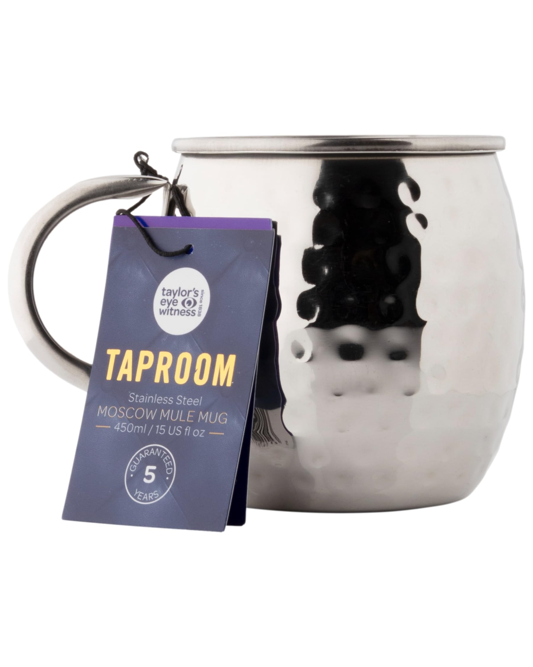Taylors Eye Witness Taproom Silver Stainless-Steel Cocktail Moscow Mule - 500ml (17fl oz) Hammered Stainless Steel Mug with Handle, for Cocktails, Whiskey, Beer, Ice Drinks.