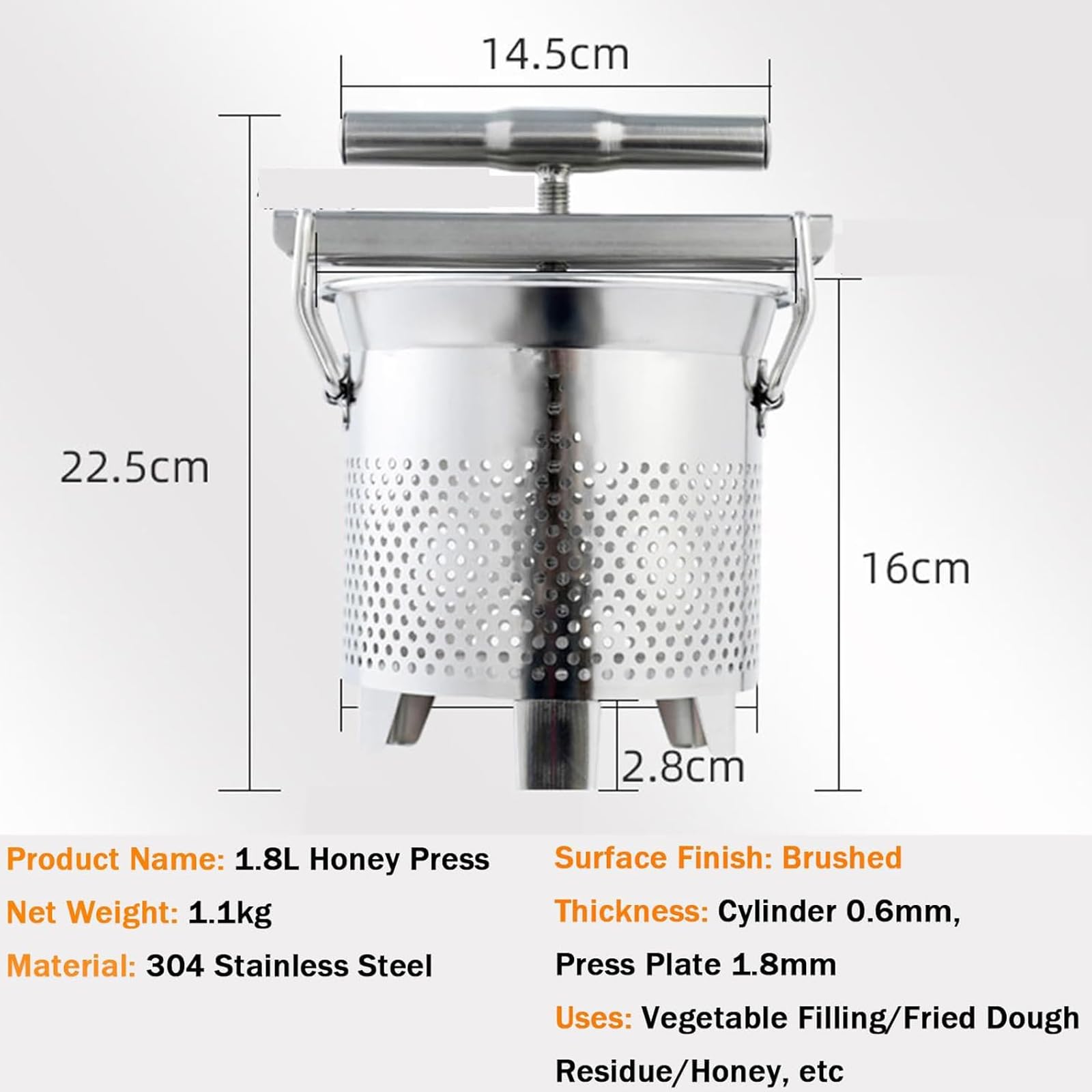 Estrattore Manuale di Miele a Pressa, Pressa per Miele E Cera D'api in Acciaio Inox da 1,8 L, Pori Filtranti Uniformi, Gambe di Supporto, per Verdure, Yogurt E Separazione di Grassi, Cera D'api
