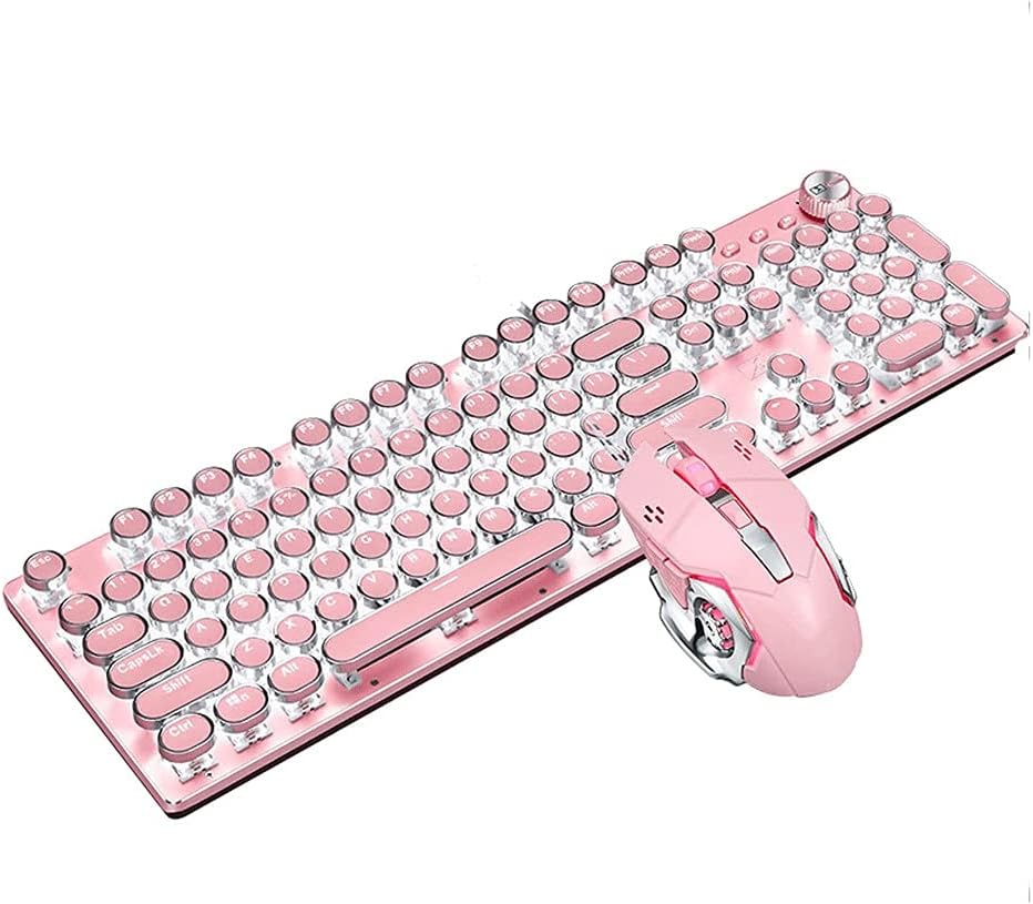 zhanghong Cherry Pink Girl's Heart Mechanical Keyboard and Mouse Set, Retro Round Keys, The Gaming Girl's Heart
