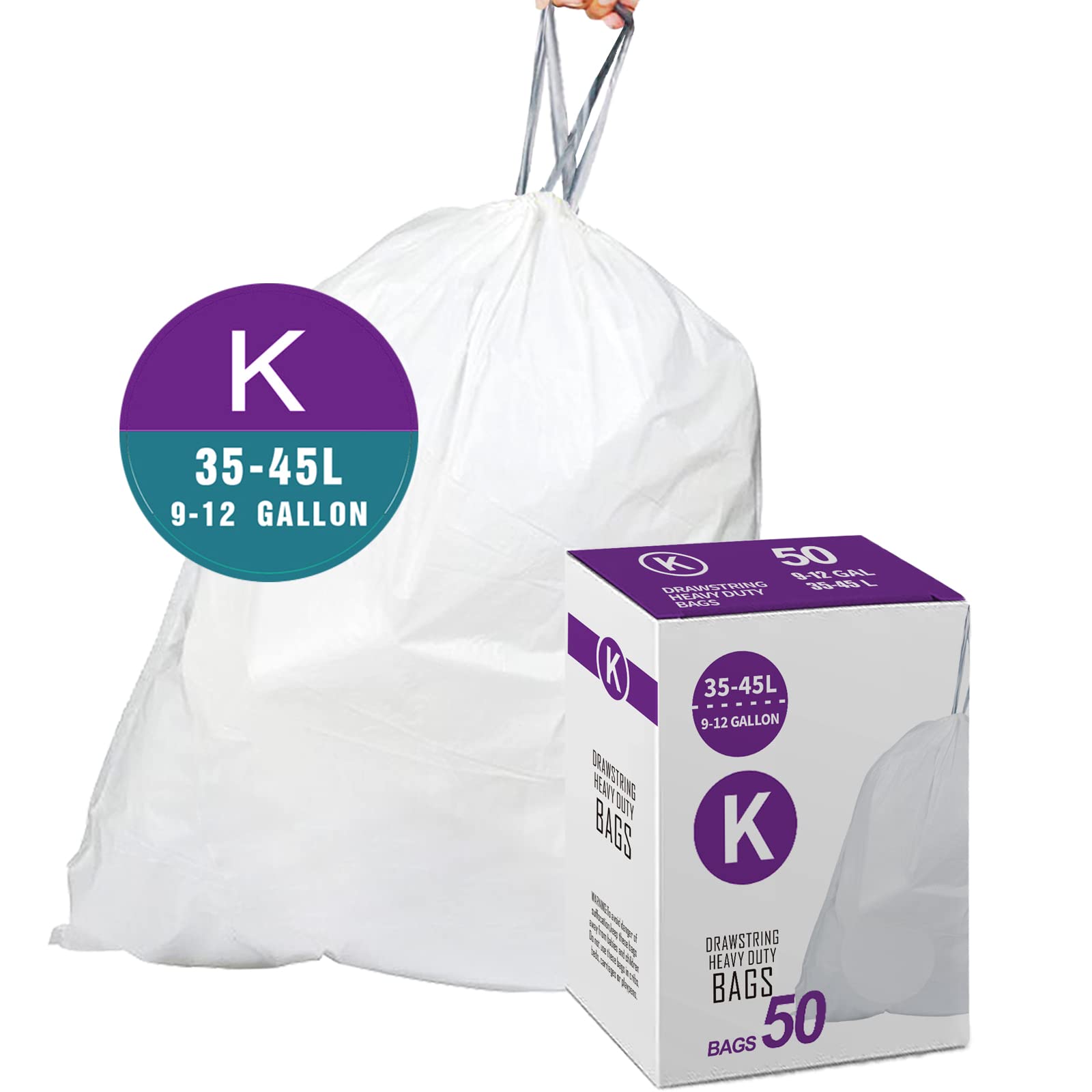 Code K Heavy Duty Trash Bags 1.2 MIL THICK Compatible with simplehuman Code K | 9-12 Gallon / 35-45 Liter Drawstring White Garbage Can Liners Heavy Duty Plastic Trash Bags 50 Count 2 Packs