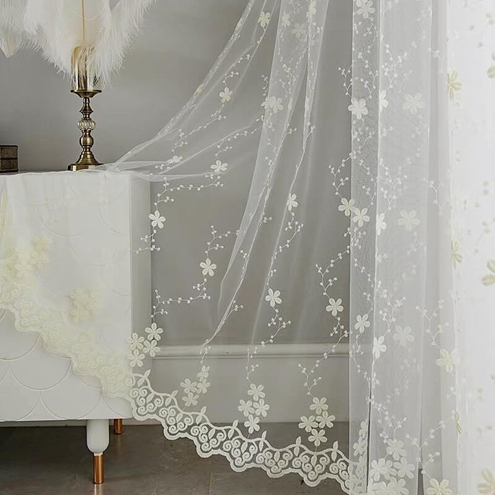 Ivory Lace Curtains Babysbreath Floral Sheer Curtain Embroidery Grommet 2 Panels for Dining Living Room Light Filtering Transpatent Voile Tulle Window Treatment Set , Each Panel 75 x 102 inches Long