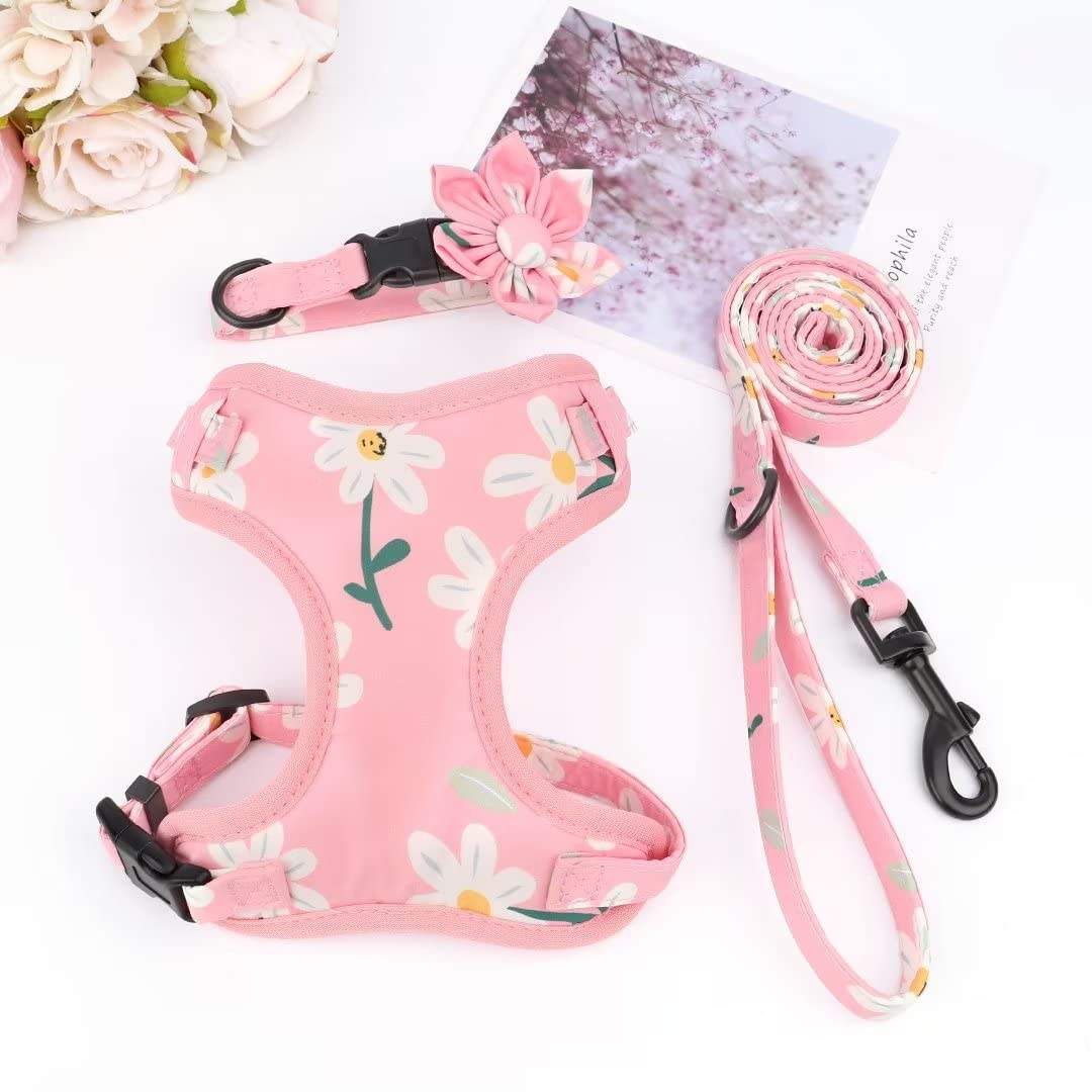 Beirui Cute Girl Dog Collars, Harnesses & Leashes Set - Adjustable Dog Collar and Leash Set with Flower - Soft Mesh Dog Vest Harness for Puppies Small & Extra Small Dogs Cats (Pink-1,XXS)