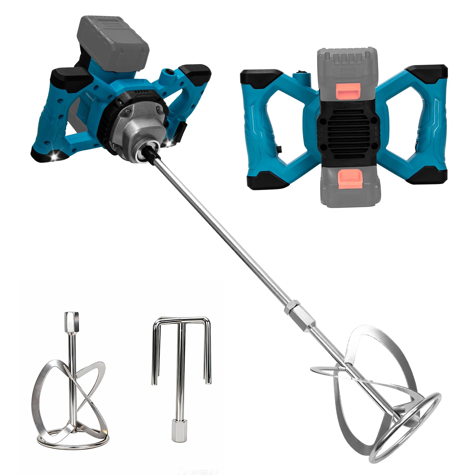 ANTREATU Cordless Paddle Mixer Compatible with Makita 18V Battery, Cement Mixer with 6-Speed Control, Dual LED Lights & Self-Locking Switch, Includes 2 Mixing Paddles for Paint and Plaster