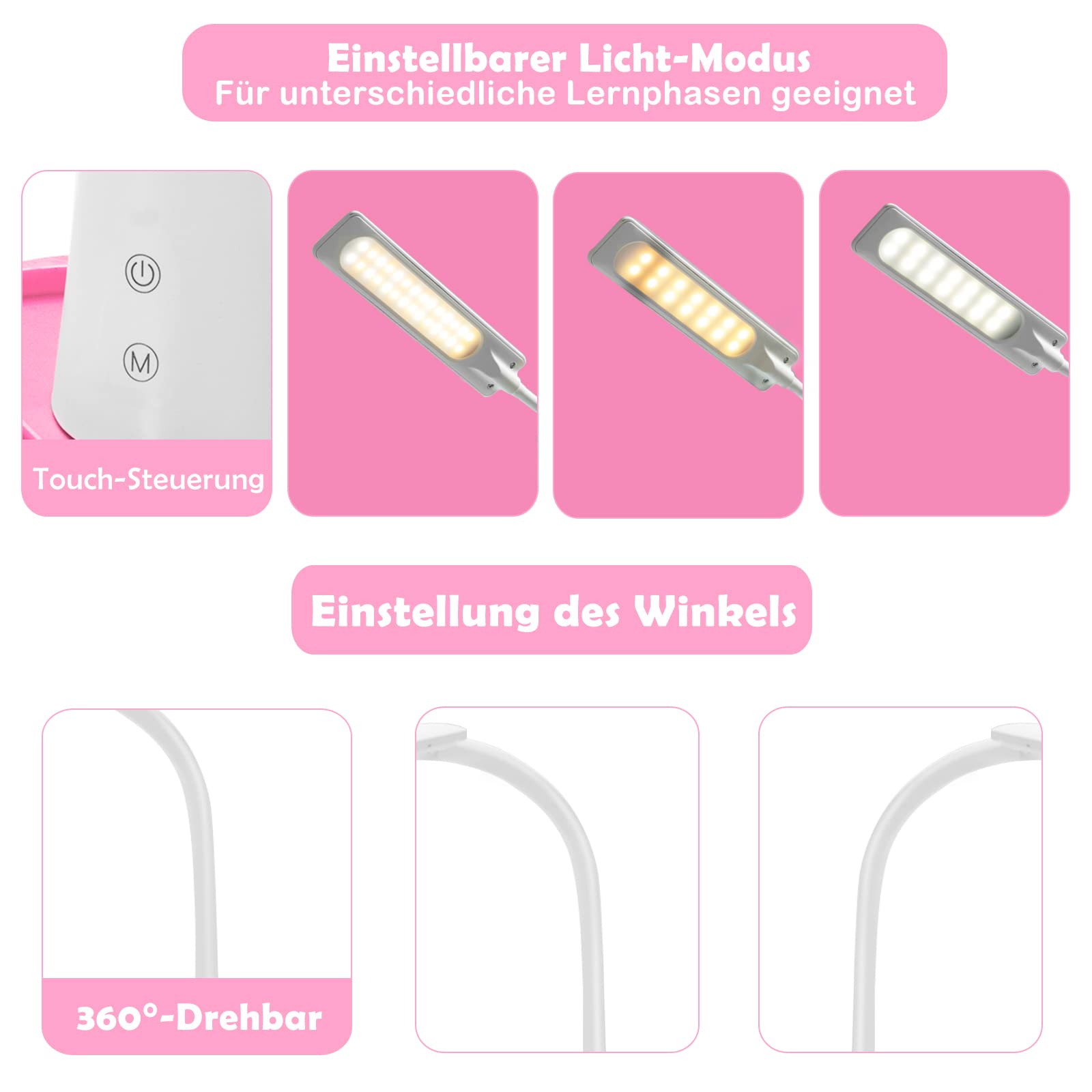 DREAMADE Kinderschreibtisch höhenverstellbar, Schülerschreibtisch neigungsverstellbar, Jugendschreibtisch mit LED-Lampe und Bücherständer, Schreibtisch Set für Kinder mit Stuhl und Schublade (Rosa)
