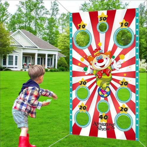 KLINNA Zirkus Wurfspiel Banner als lustiges Karneval Wurf Spiel mit 3 Bohnentaschen, Indoor Outdoor Spiele für Kinder sowie Deko für Karneval Party, Geburtstag & Garten, Dosenwerfen Kinder（Zirkus）