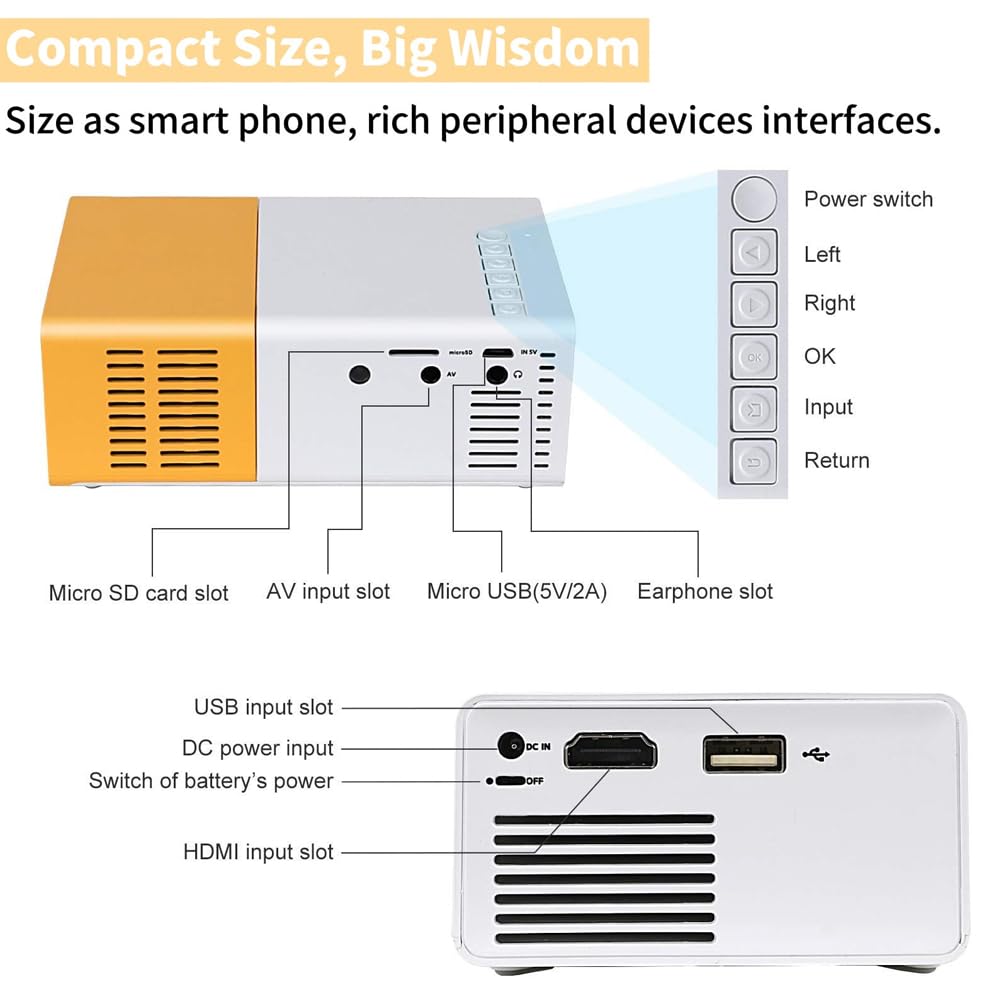 Mini Projecteur Portable 1080P Full HD avec Télécommande HDMI Audio Smartphone Tablette PC TV Stick USB AV Jaune