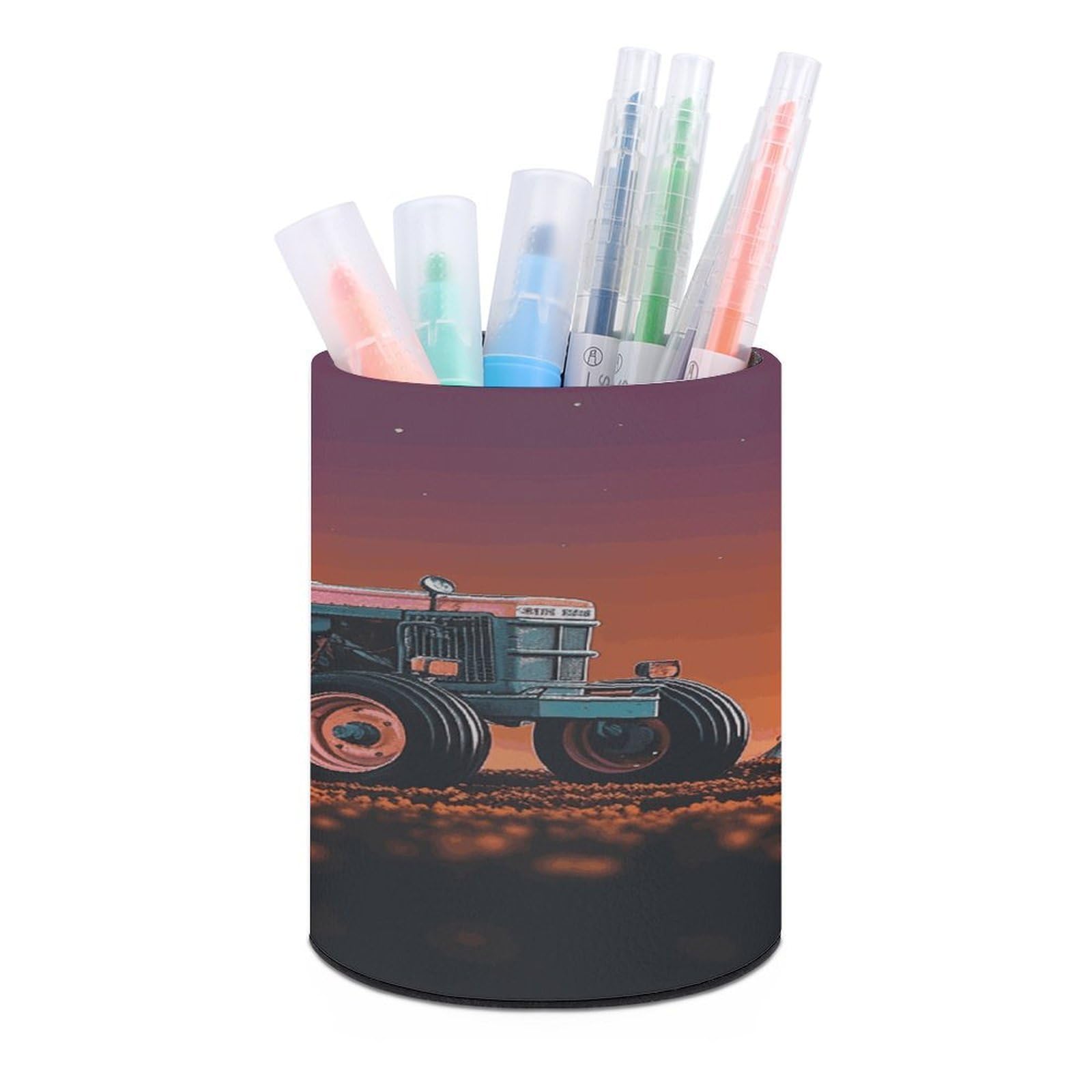 FekiLoot Aesthetic Tractor Pen Holder Cup Fashion PU Leather Pencil Cup Minimalist Pen Organizer Round Pencil Holder Stand Work Locker Accessories for Decoration Desk Office Home
