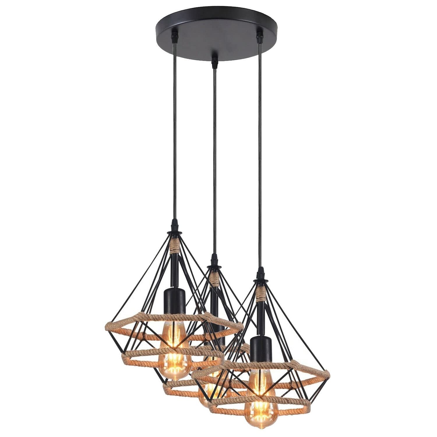 LEDSone 3 Head Round Vintage Industrial Hemp Metal Hanging Diamond Light Shade Loft Style Metal Ceiling Pendant Lamp for Kitchen Island, Living Room, Dining Room, Bar E27 UK Holder (Round)