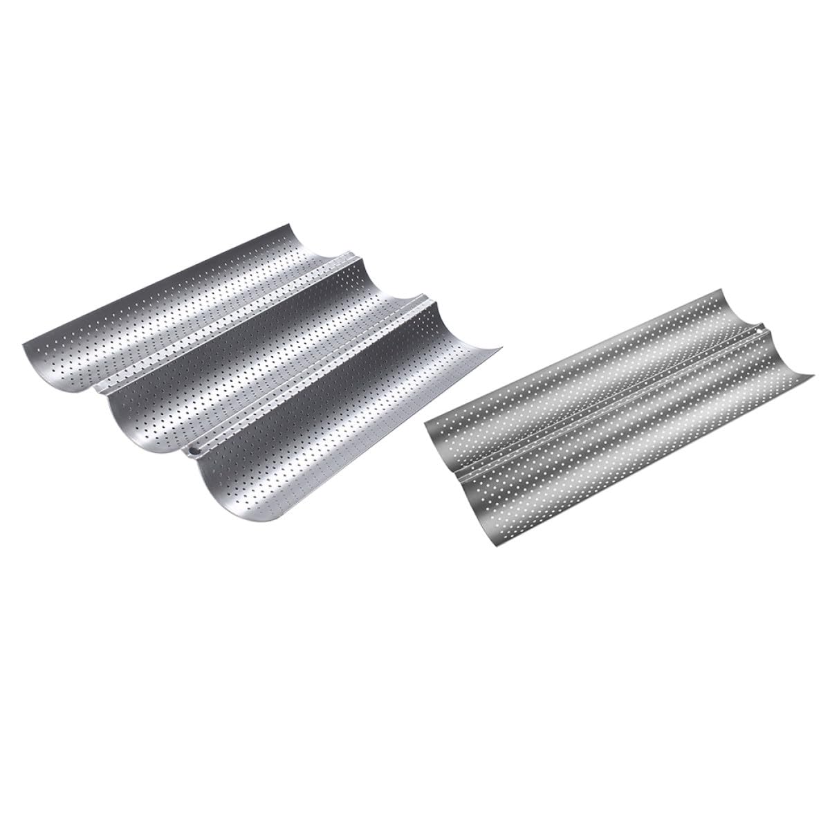 2 Moldes para Hornear Baguette Diseño Ondulado, Antiadherente de Acero Inoxidable Plateado, Tamaños Mediano (3 Ranuras) y Pequeño (2 Ranuras), Bandeja Perforada para Pan