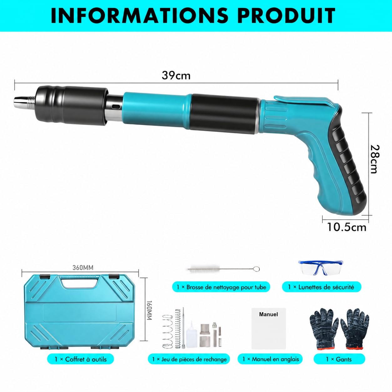 Pistolet à Clous à Béton Manuel, 5 Vitesses Pistolet Pneumatique pour Acier et Béton, Pistolets à Ongles Portable avec Gants à Lunettes (Ongles Non Inclus)