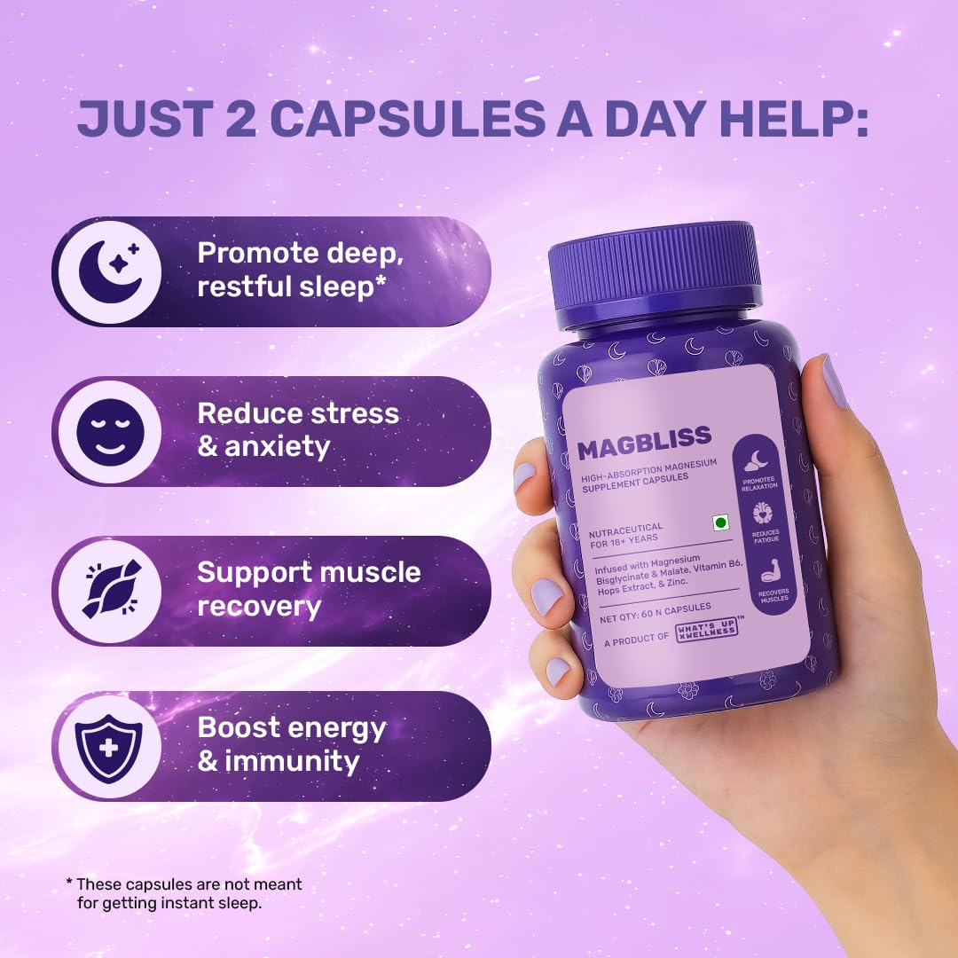 What’s Up Wellness MagBliss Magnesium Supplement| Magnesium Glycinate,Malate, Zinc & B6| Sleep, Cramps, Recovery, Nerve & Muscle Function| Men & Women| High Absorption & Clinically Proven| 60 Capsules 2