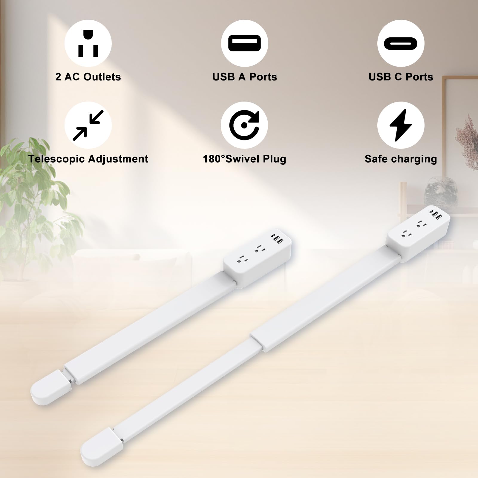 Varilla extensora de toma eléctrica: cuenta con USB-A, USB-C y 2 tomas de CA, se extiende de 22 a 34 pulgadas, gira 180° de acceso de difícil acceso, enchufes de pared expansor de enchufes de