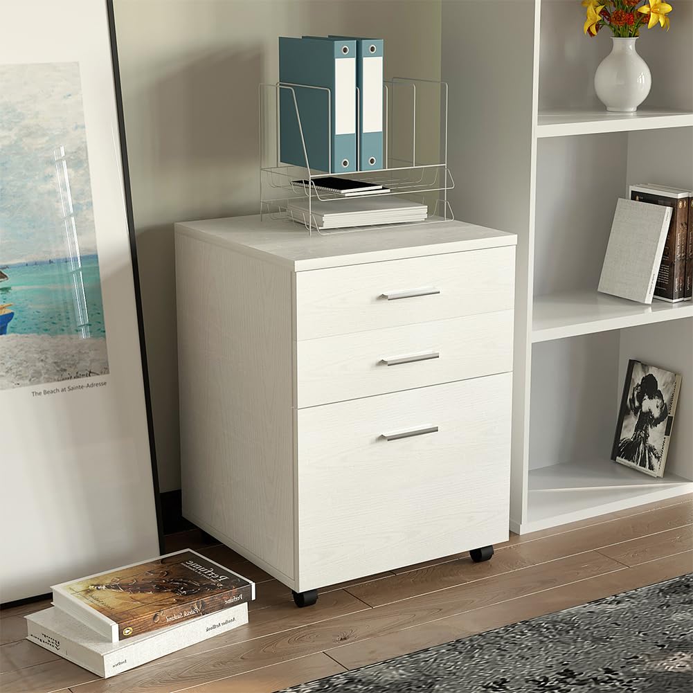 BAKAJI Cassettiera Mobile Scrivania Mobiletto Porta Stampante in Legno MDF con 3 Cassetti e 4 Ruote Girevoli Design Moderno Arredamento Casa Ufficio Dimensione 46,5 x 45 x 64 cm (Bianco Frassinato)