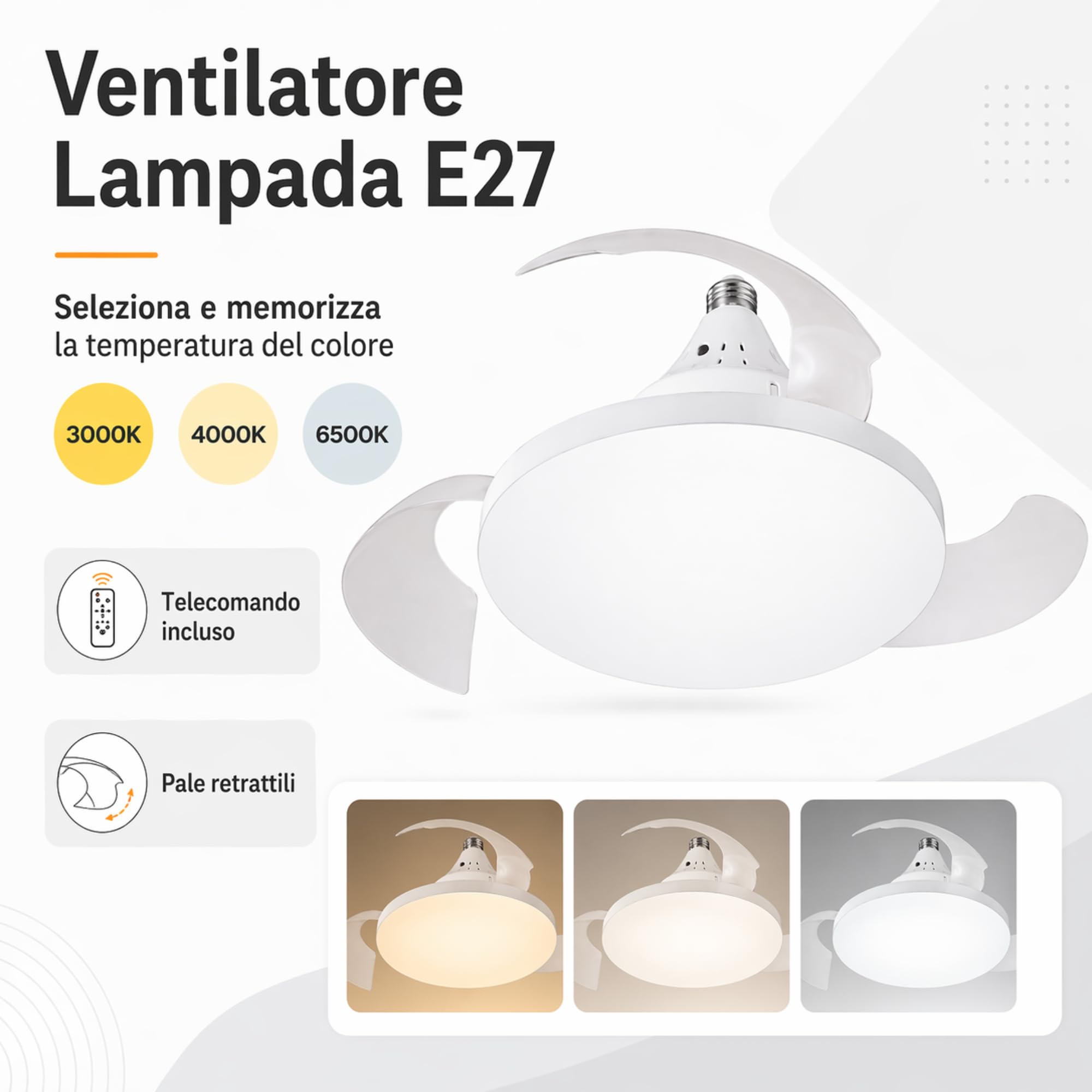 MAKA Ventilatore da Soffitto con Luce LED 22W E27, Telecomando 3 Velocità, Pale Retrattili, Motore 10W Silenzioso, 1155LM, 3000K 4000K 6500K, 220V IP20, per Bagno