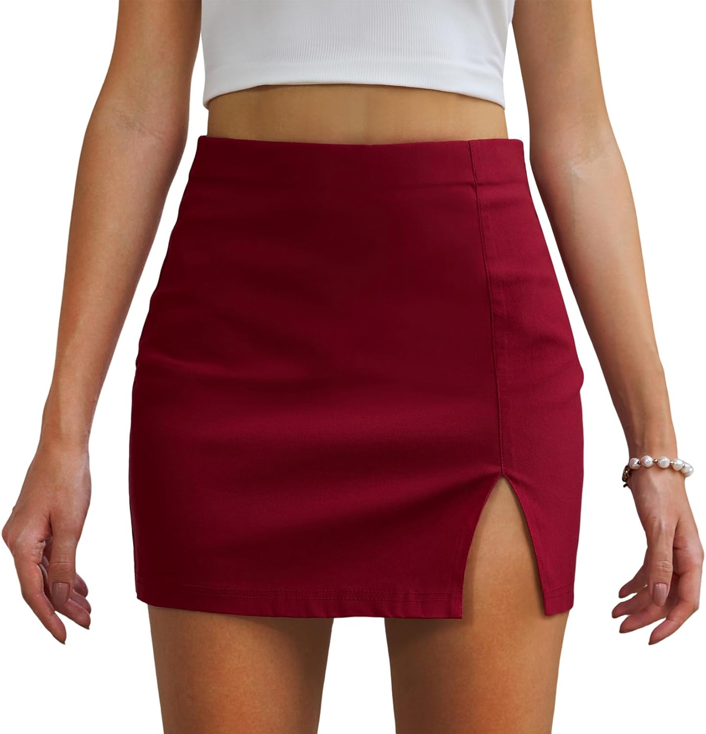 Black Mini Skirt High Waisted Y2K Bodycon Slit Stretchy Short Sexy Skirts for Women(RD,M)