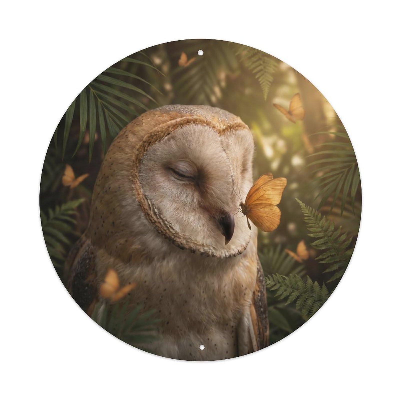 Amber Butterfly Barn Owl Whimsical Wildlife Forest Night Metal Tin Sign Plaque Wall Decor for Cafe, Man Cave, Club Bar, Office, Home Garden Round Metal Poster 8x8Inch