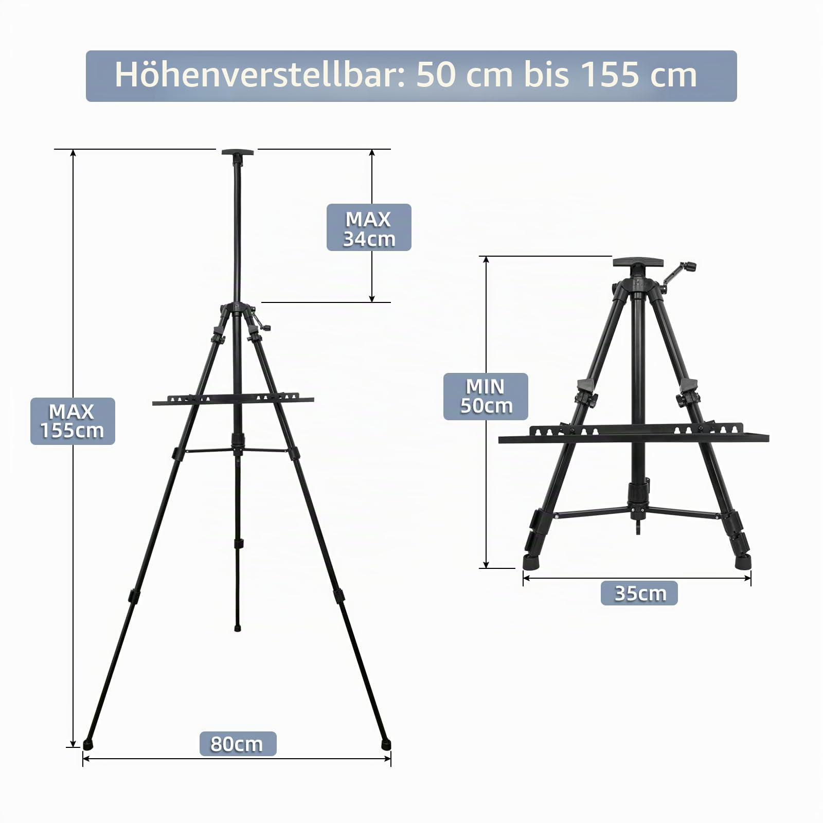 Staffelei für Malerei, Leinwand, Künstler, Staffelei, 50 bis 155 cm, Kunststaffelei zum Malen und Ausstellen, Aluminium, mit tragbarer Tasche/faltbarer Fässer/Schürze, Schwarz