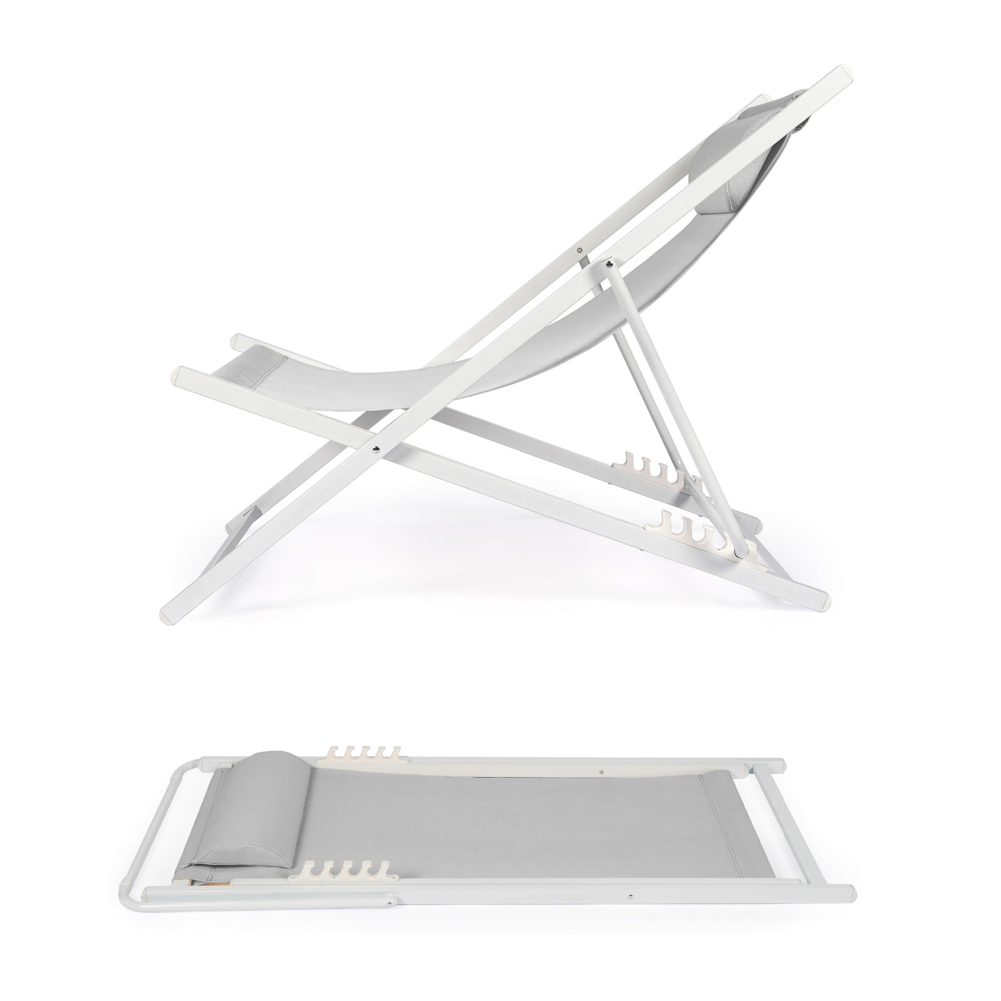 IlGruppone Set 2 Sdraio Mare Pieghevoli Reclinabili con Poggiatesta, Lettini da Spiaggia in Acciaio e Textilene, Sedie Relax per Giardino, Piscina, Terrazza e Campeggio, Beige - Grigio