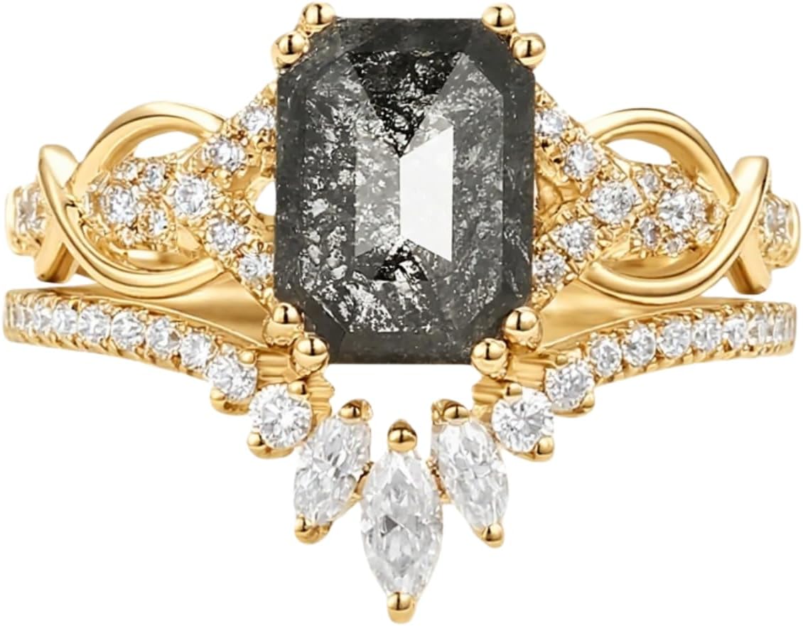 Salt And Pepper Diamond Ring Set S925 10K 14K 18K Gold Art Deco 1.25 CT Salt And Pepper Diamond with Moissanite Engagement Rings for Women Anniversary Wedding Bridal Sets