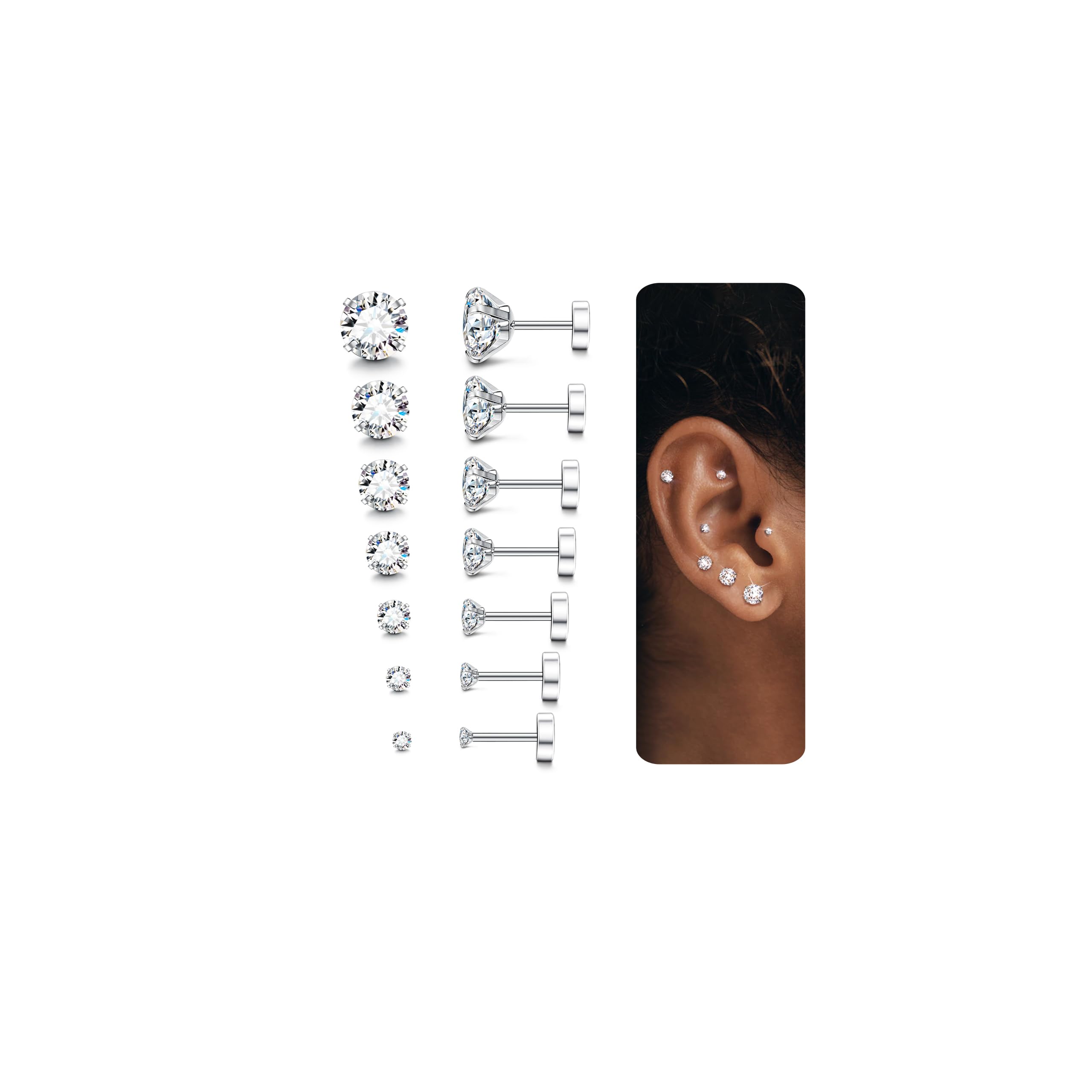 LOLIAS 6-7Paia Orecchini Acciaio Chirurgico per Donna Uomo Orecchini Punto Luce Piercing Trago Zirconi Cubici Orecchini a Bottone Anallergico Cartilagine Piercing All'orecchio