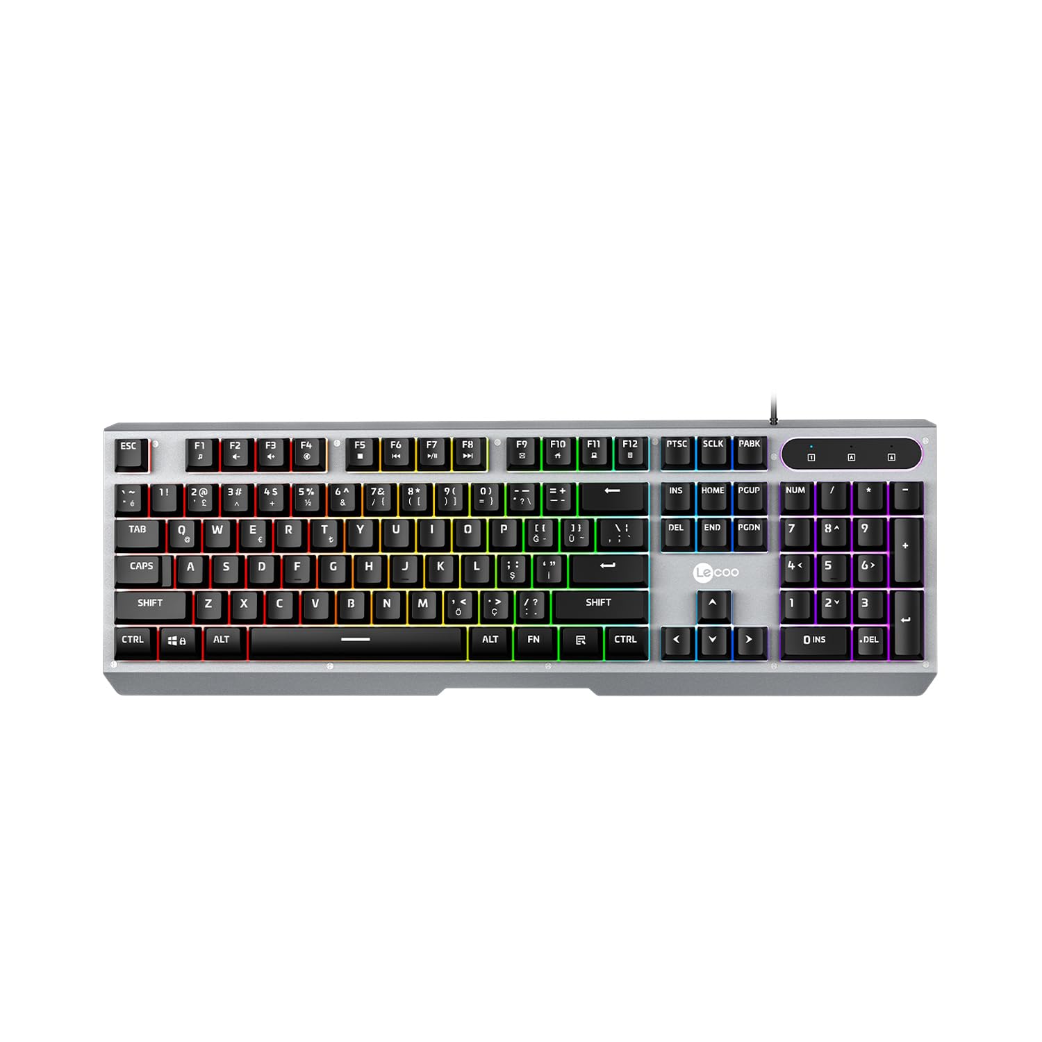 Lecoo KB121 USB Kablolu Oyuncu Klavye - Makro Tuşlu, Rainbow Efektli, Mekanik Hisli Sessiz, Membran Gaming Türkçe Q Klavye Metalik Gri