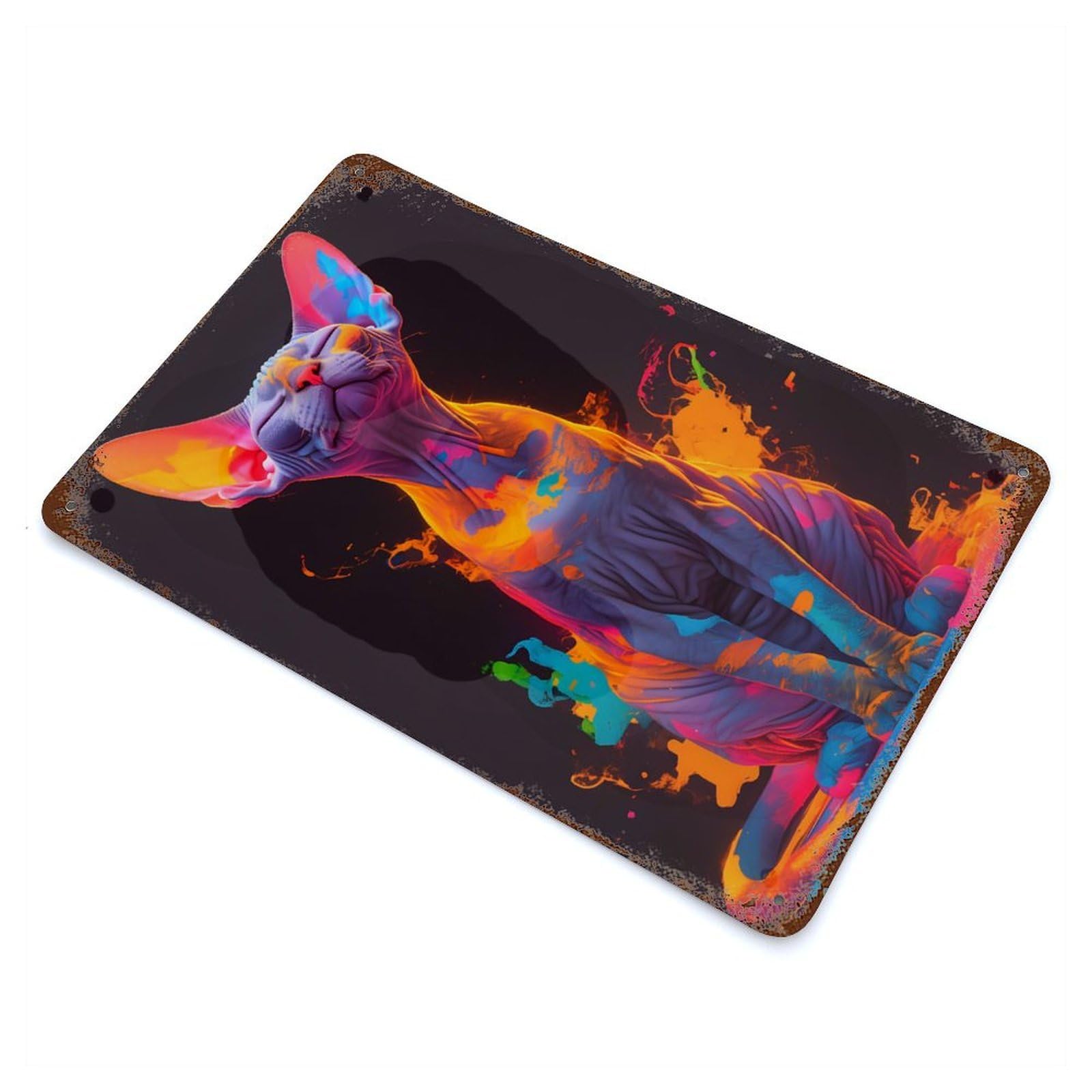 Rustic Tin Plaque with Colorful Sphynx Cat Portrait Design 11.8"x7.9", for Cafe, Home Bar And Lounge Decor, Industrial Home Decor