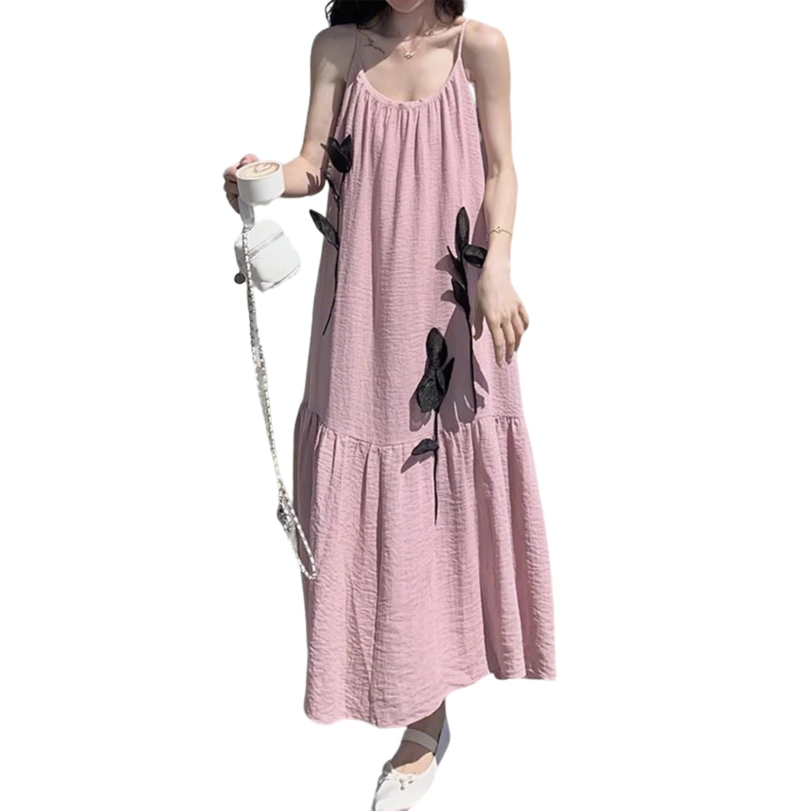 Abito Lungo con Spalline con Fiori 3D, Abito da Spiaggia Estivo Francese da Donna con Scollo A U, Orlo A Volant